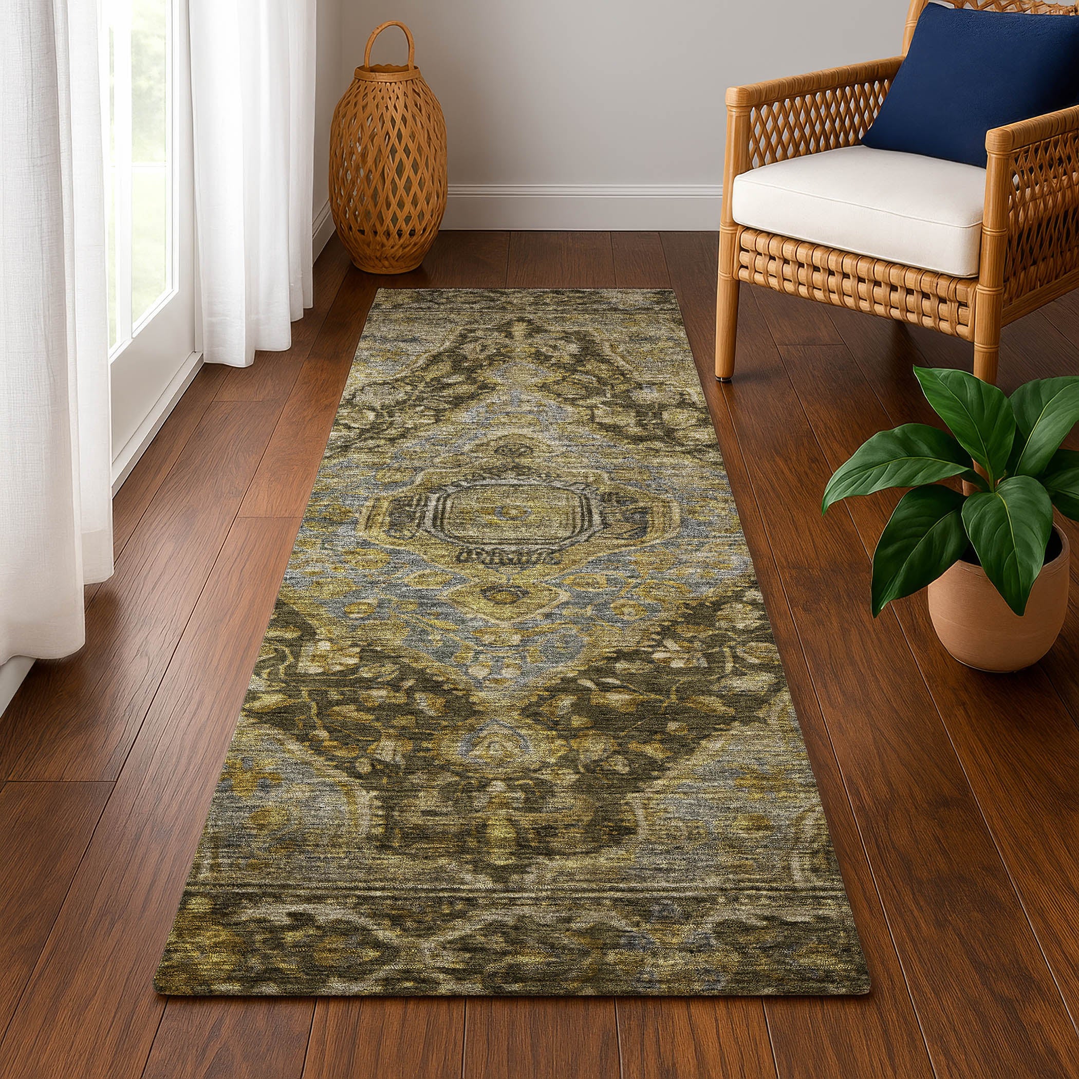Porto Machine Washable Traditional Brown Rug 2'3" x 7'6" #shape_Runner