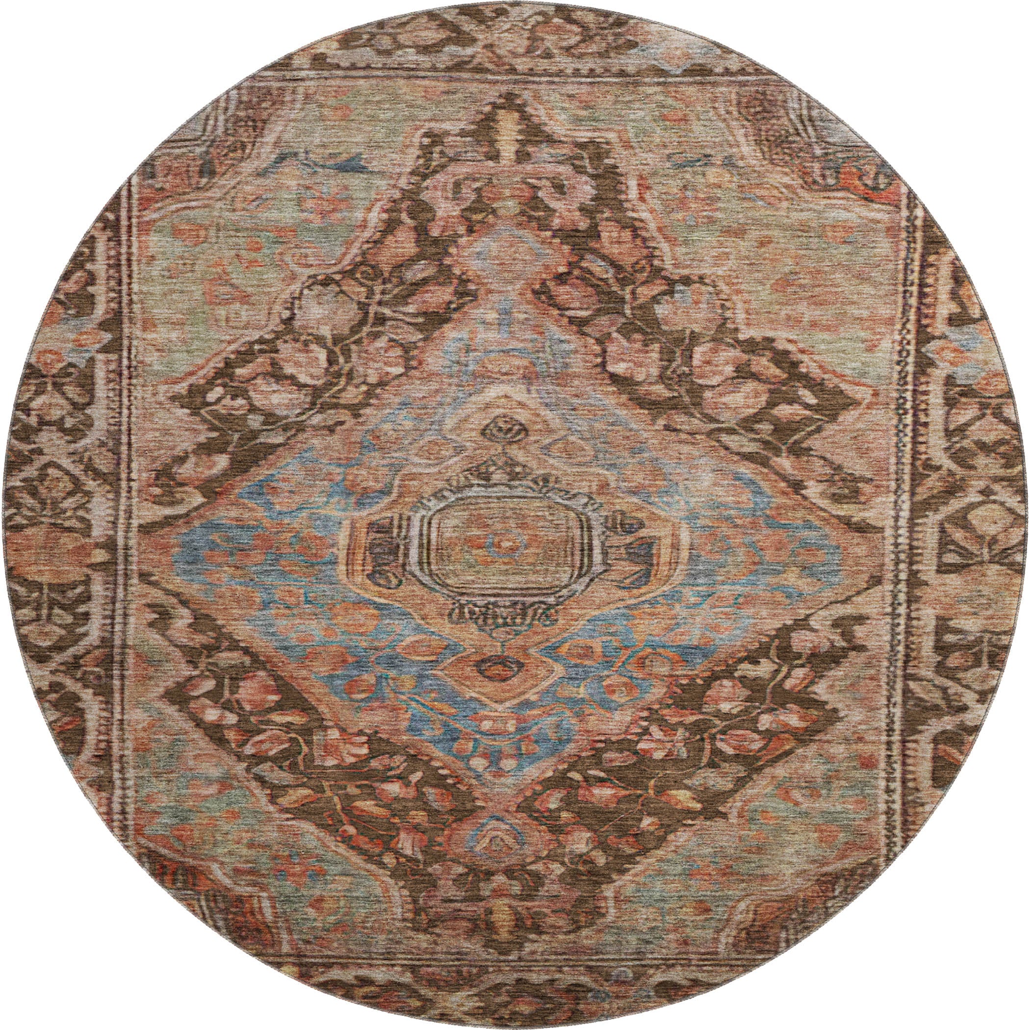 Porto Machine Washable Traditional Chocolate Brown Rug 8' x 8' #shape_Round