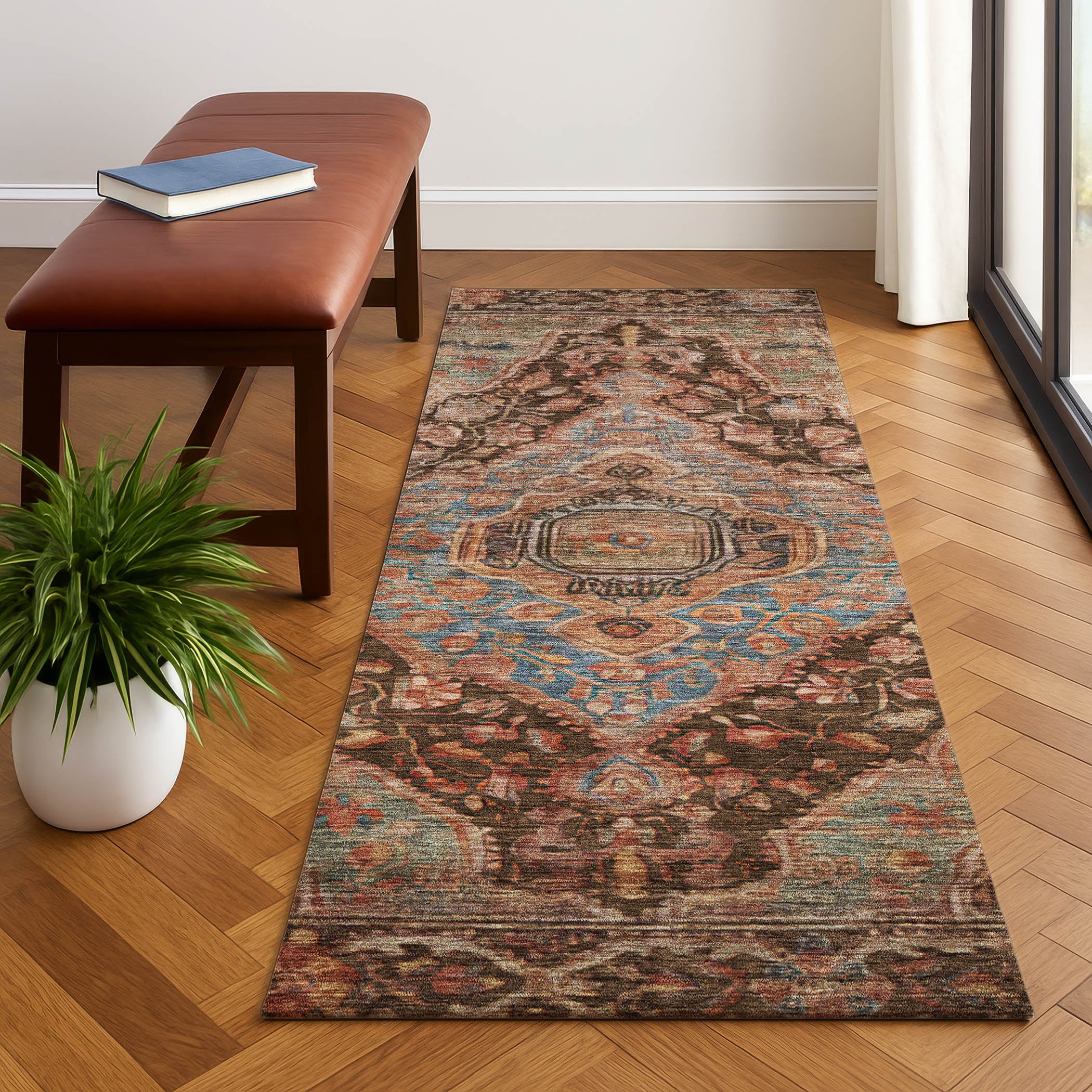 Porto Machine Washable Traditional Chocolate Brown Rug 2'3" x 7'6" #shape_Runner
