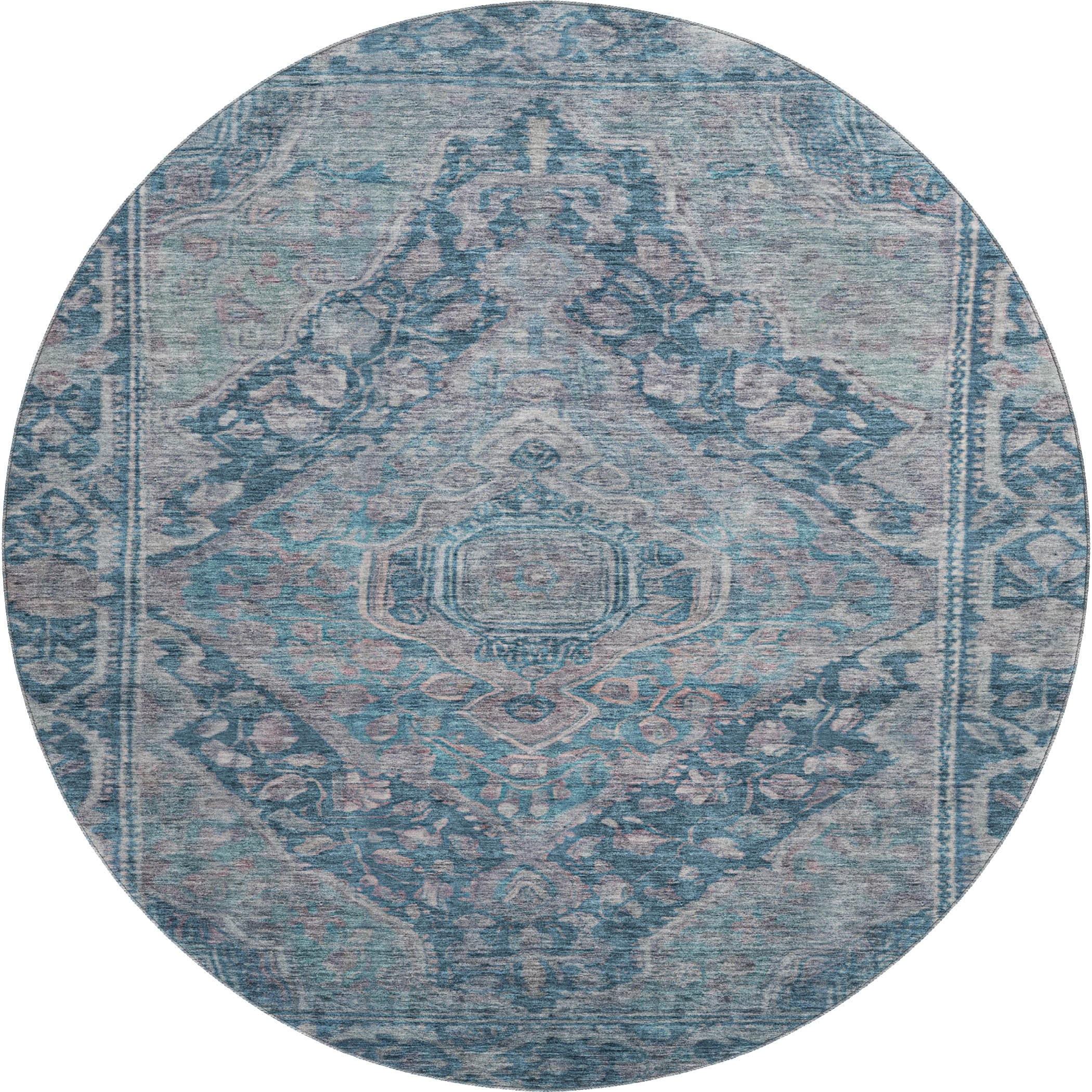 Porto Machine Washable Traditional Denim Blue Rug 8' x 8' #shape_Round