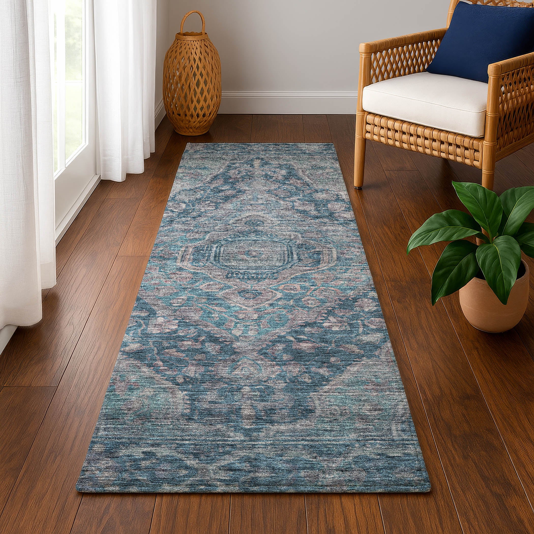 Porto Machine Washable Traditional Denim Blue Rug 2'3" x 7'6" #shape_Runner