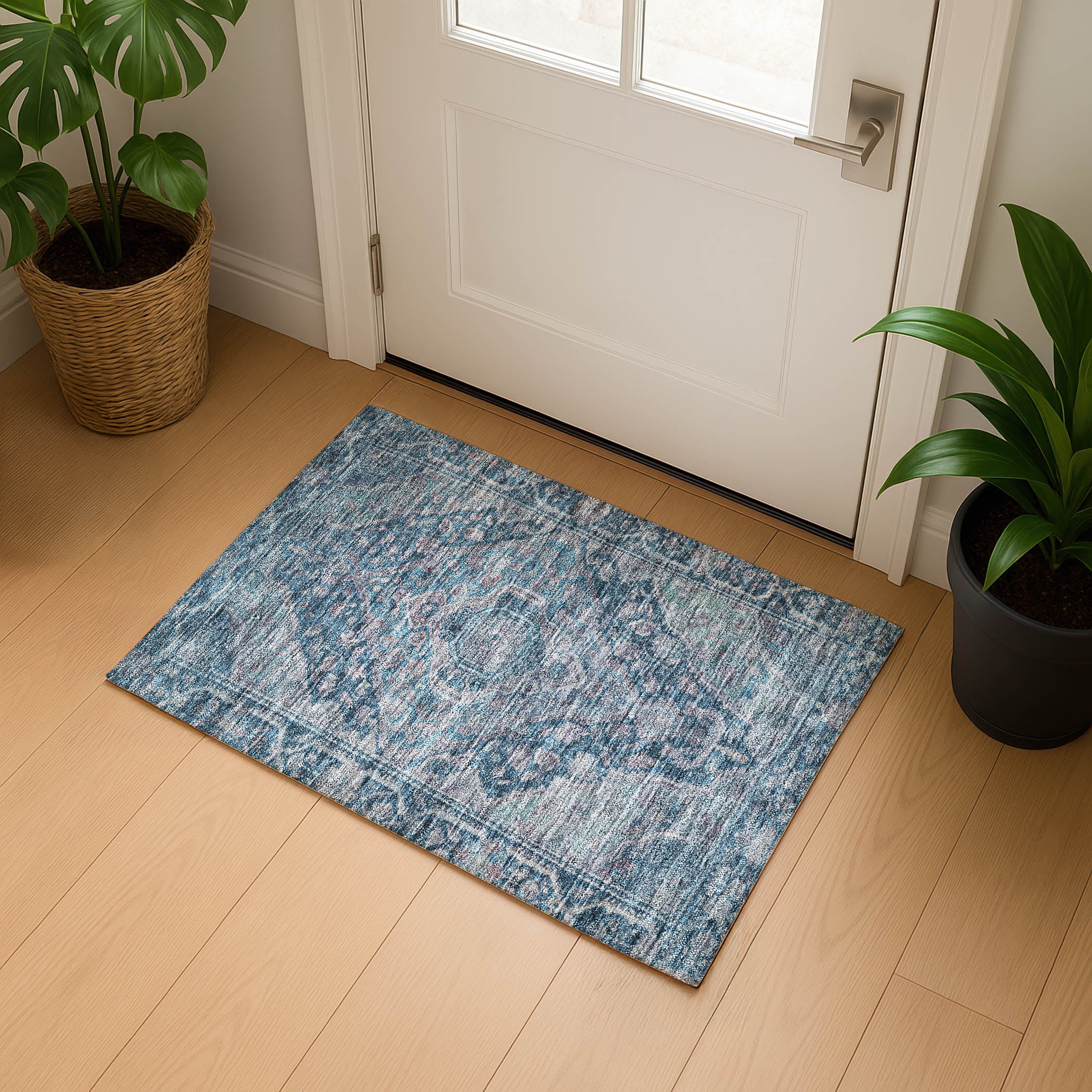 Porto Machine Washable Traditional Denim Blue Rug 1'8" x 2'6" #shape_Rectangle