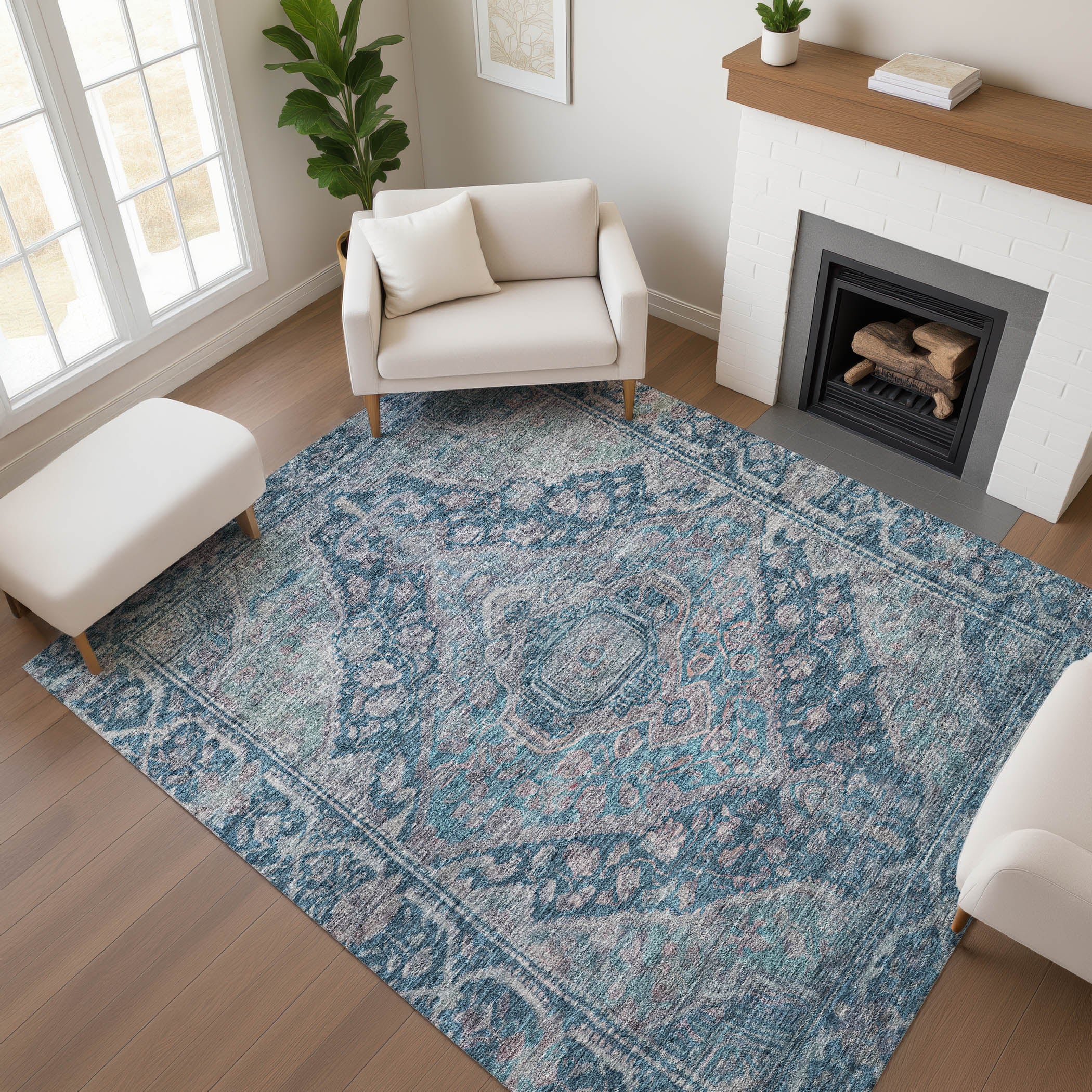 Porto Machine Washable Traditional Denim Blue Rug 2'6" x 3'10" #shape_Rectangle