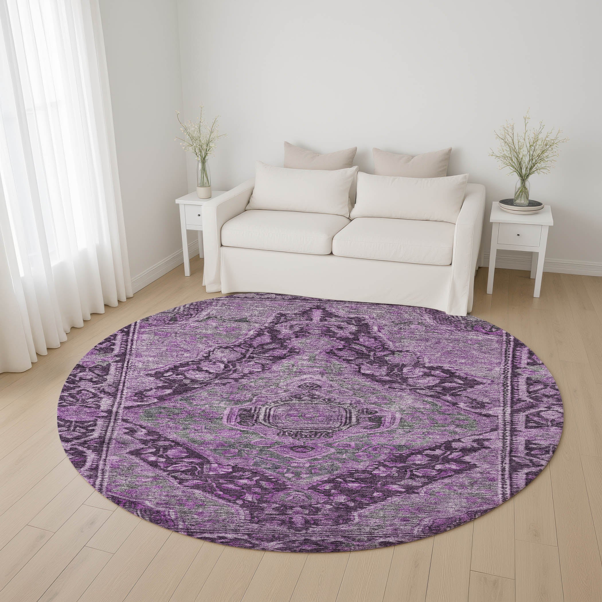 Porto Machine Washable Traditional Eggplant Purple Rug 8' x 8' #shape_Round