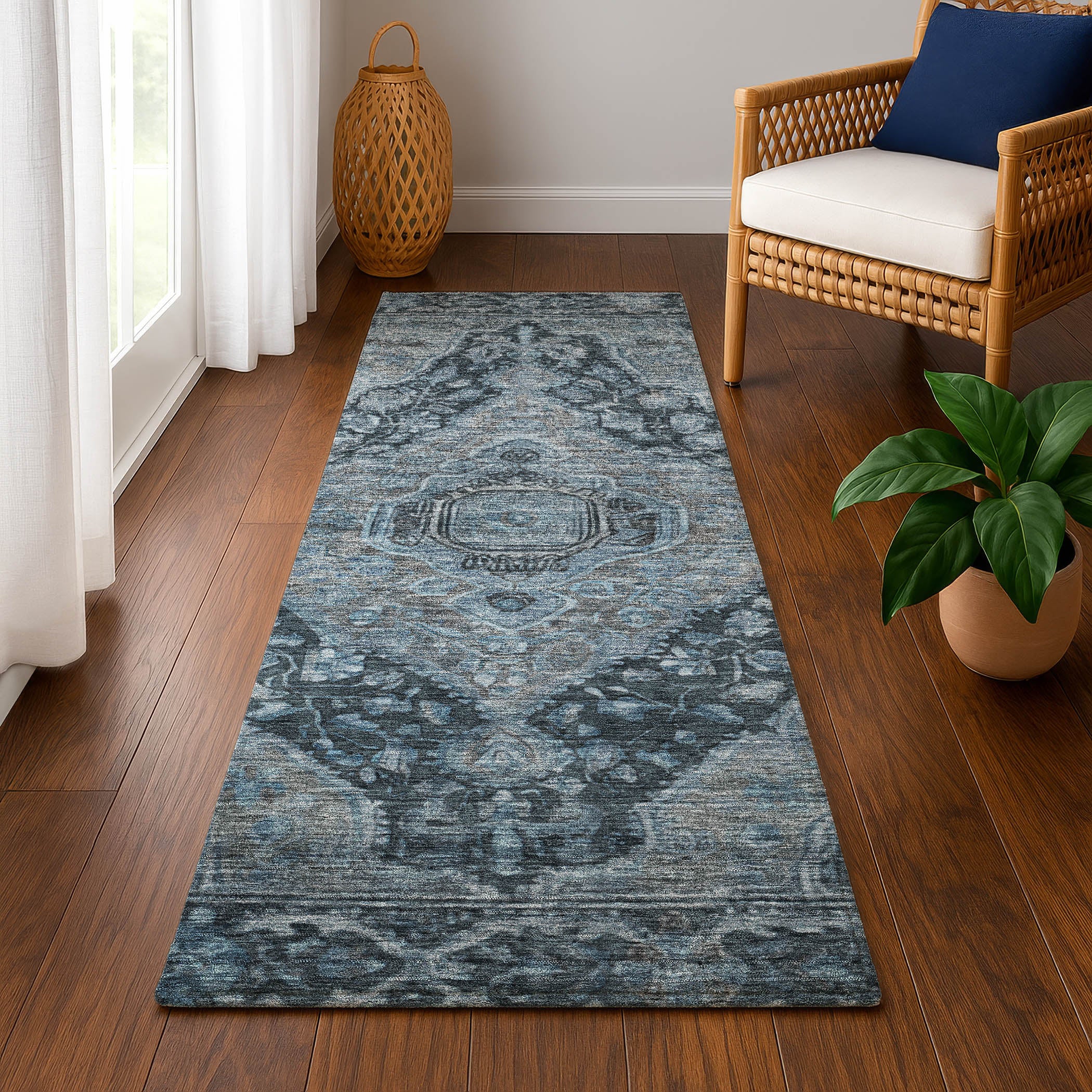 Porto Machine Washable Traditional Navy Blue Rug 2'3" x 7'6" #shape_Runner