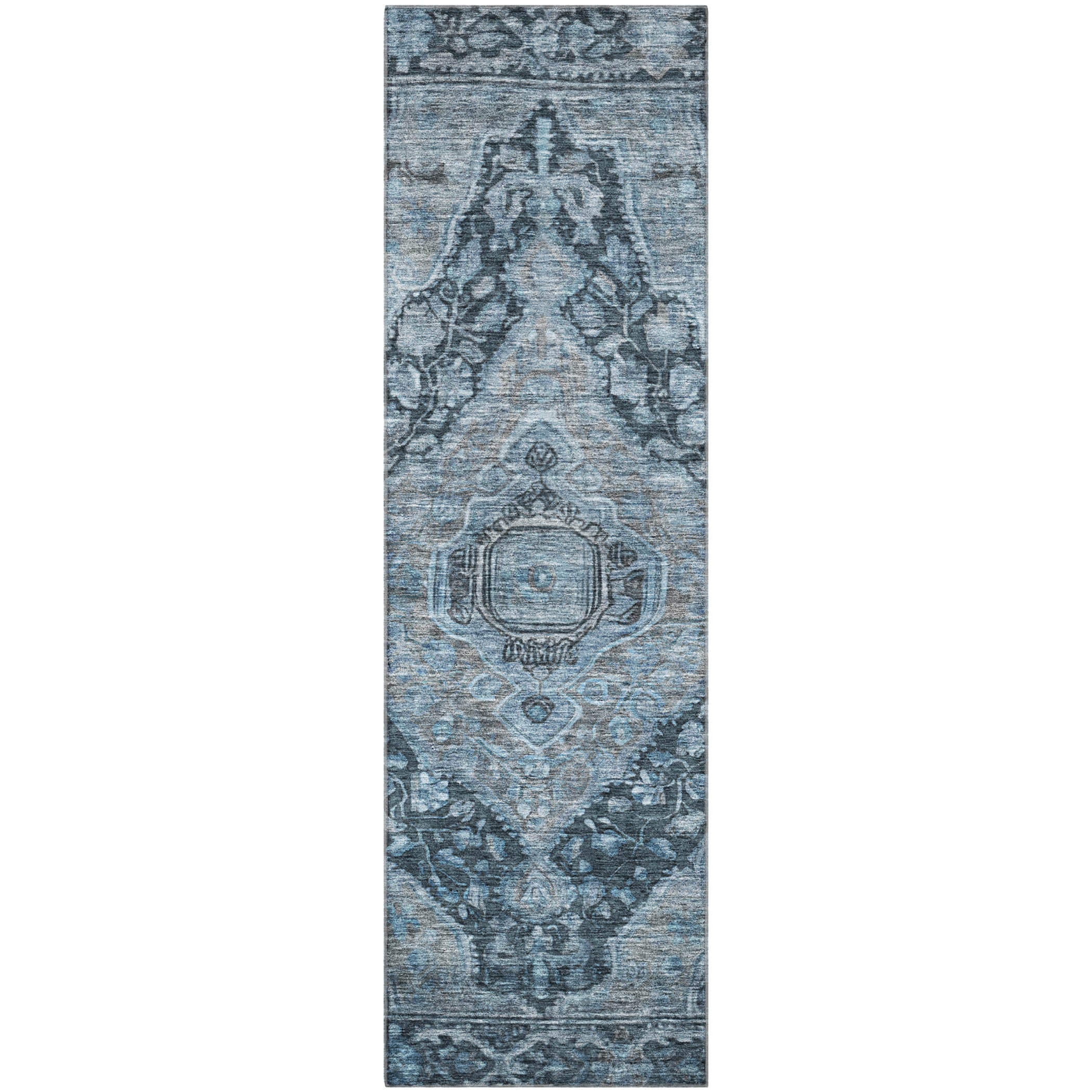 Porto Machine Washable Traditional Navy Blue Rug 2'3" x 7'6" #shape_Runner