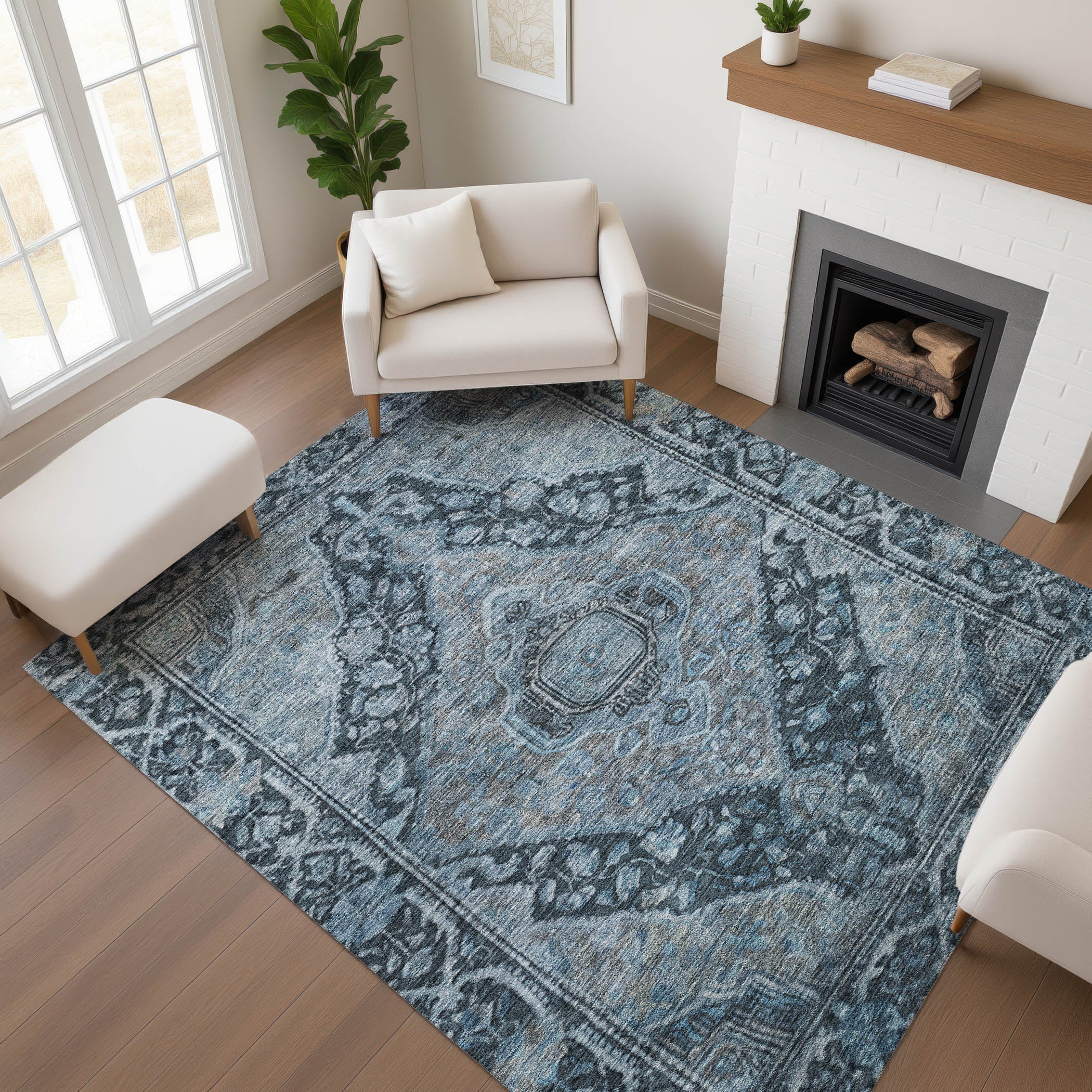 Porto Machine Washable Traditional Navy Blue Rug 2'6" x 3'10" #shape_Rectangle