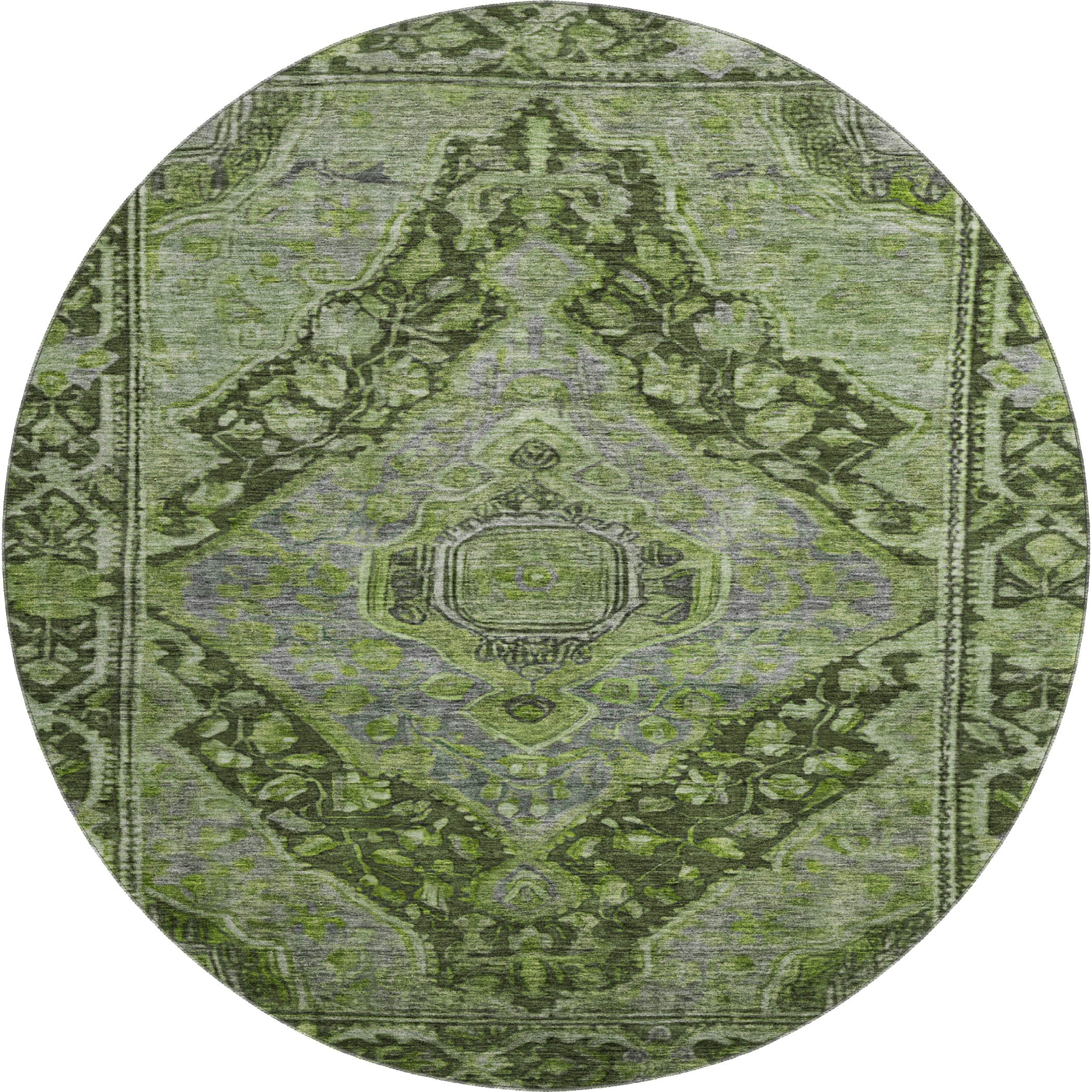 Porto Machine Washable Traditional Olive Green Rug 8' x 8' #shape_Round