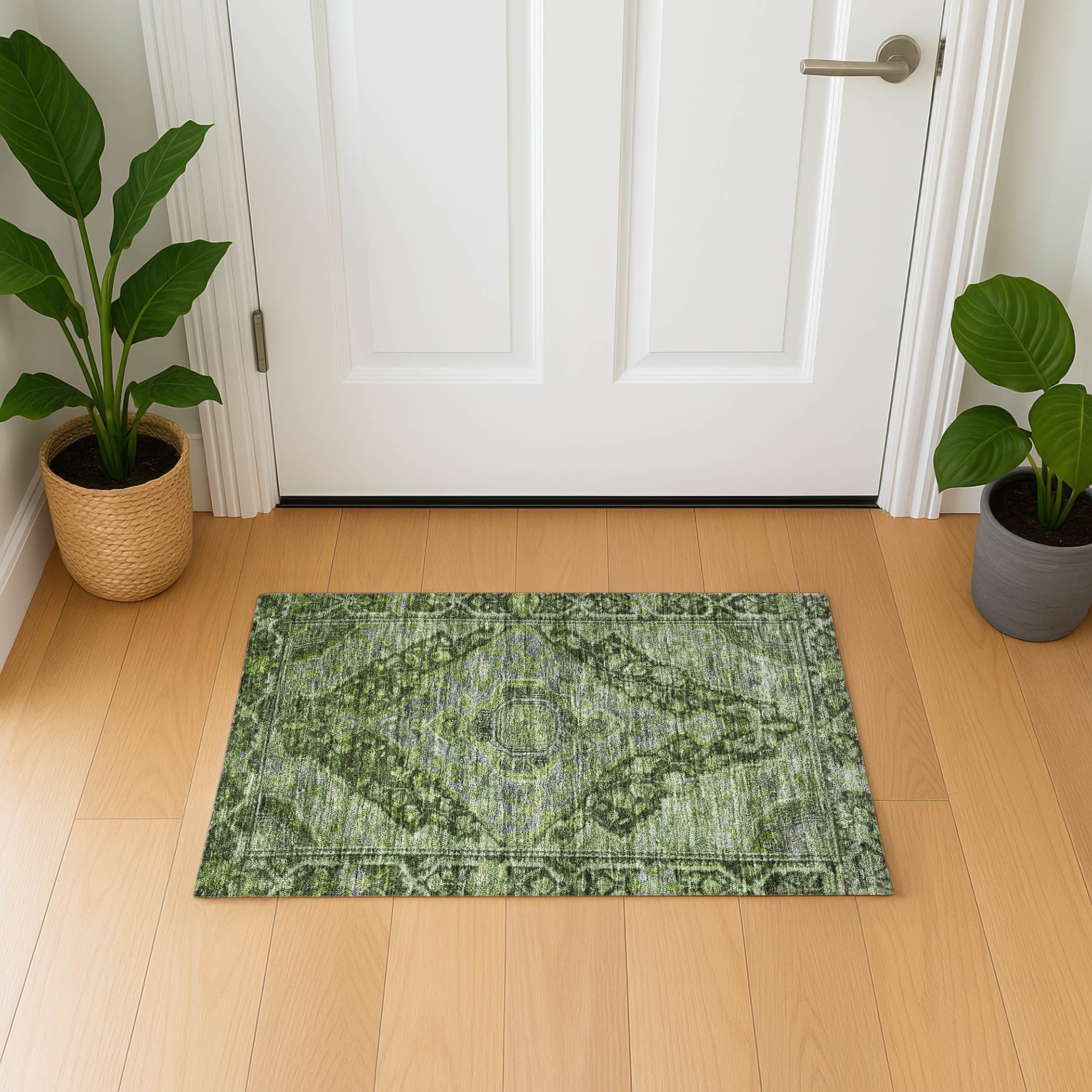 Porto Machine Washable Traditional Olive Green Rug 1'8" x 2'6" #shape_Rectangle