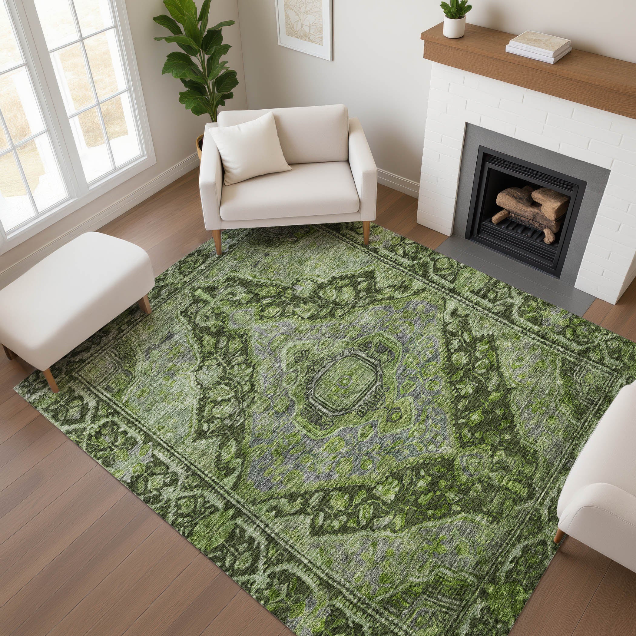 Porto Machine Washable Traditional Olive Green Rug 2'6" x 3'10" #shape_Rectangle
