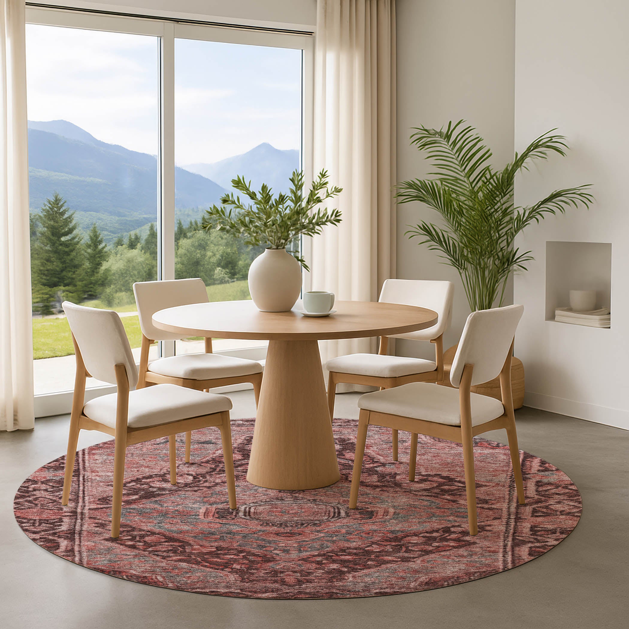 Porto Machine Washable Traditional Paprika Orange Rug 8' x 8' #shape_Round