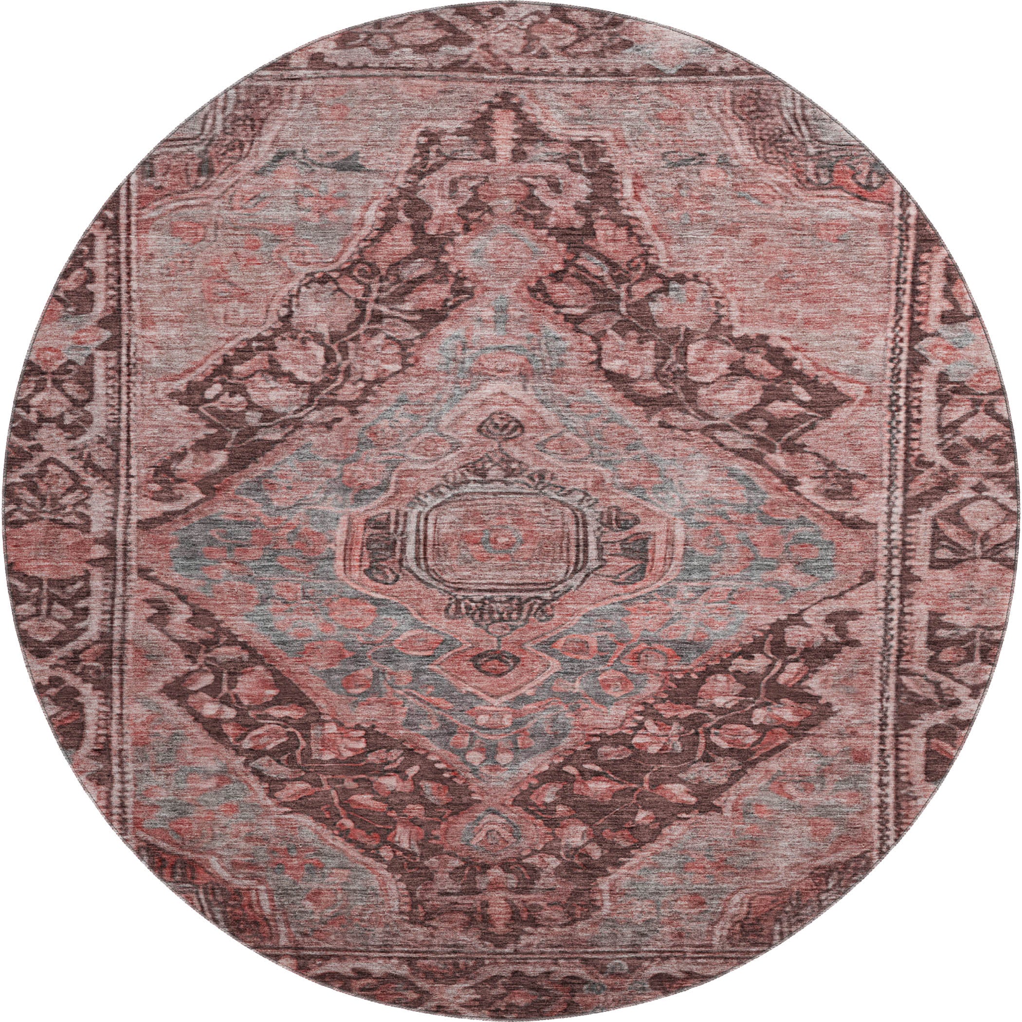 Porto Machine Washable Traditional Paprika Orange Rug 8' x 8' #shape_Round