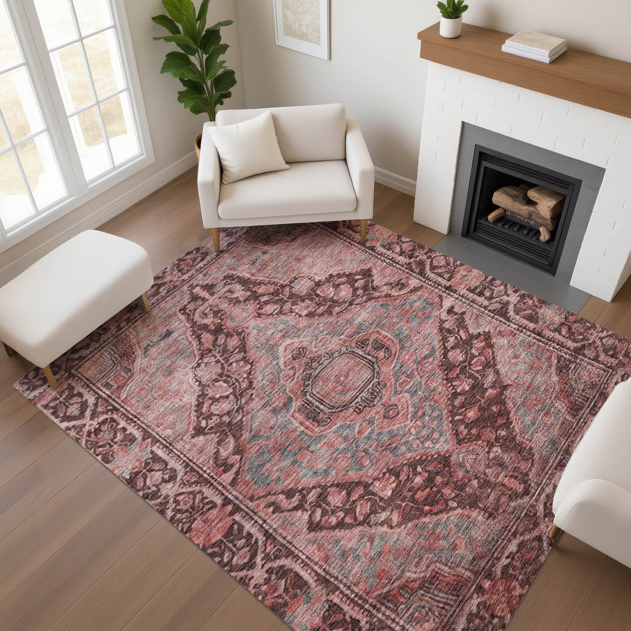 Porto Machine Washable Traditional Paprika Orange Rug 2'6" x 3'10" #shape_Rectangle