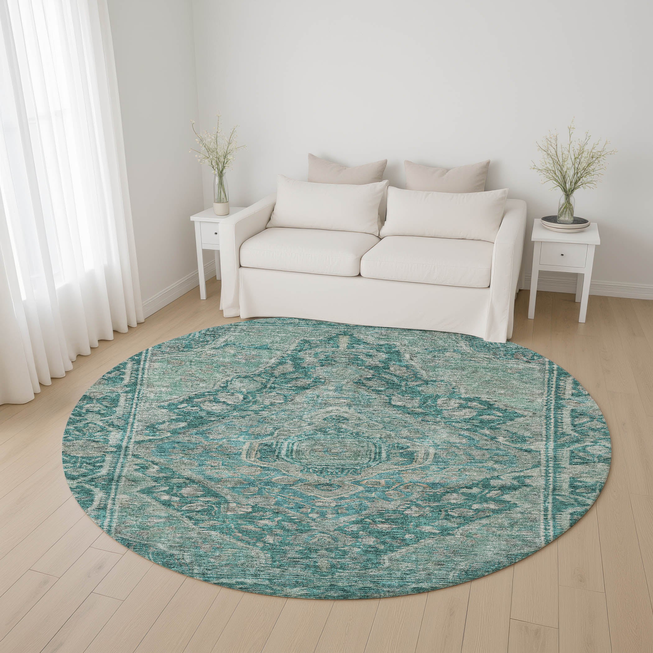 Porto Machine Washable Traditional Teal Rug 8' x 8' #shape_Round