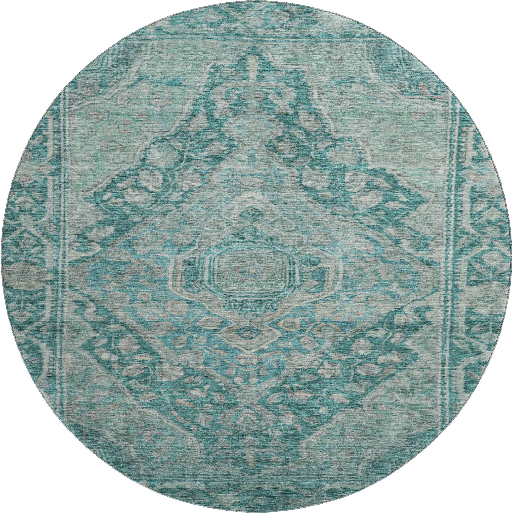 Porto Machine Washable Traditional Teal Rug 8' x 8' #shape_Round