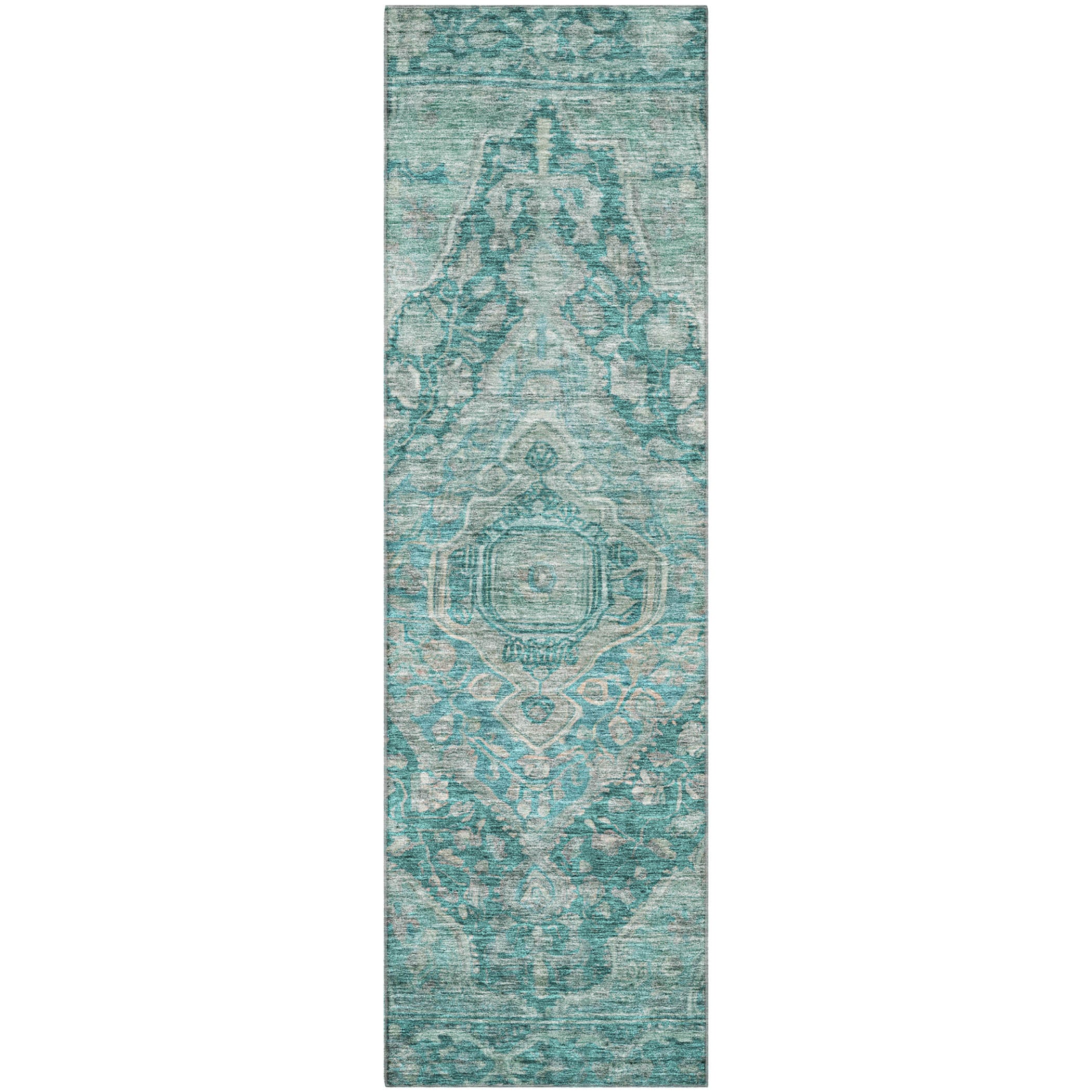 Porto Machine Washable Traditional Teal Rug 2'3" x 7'6" #shape_Runner