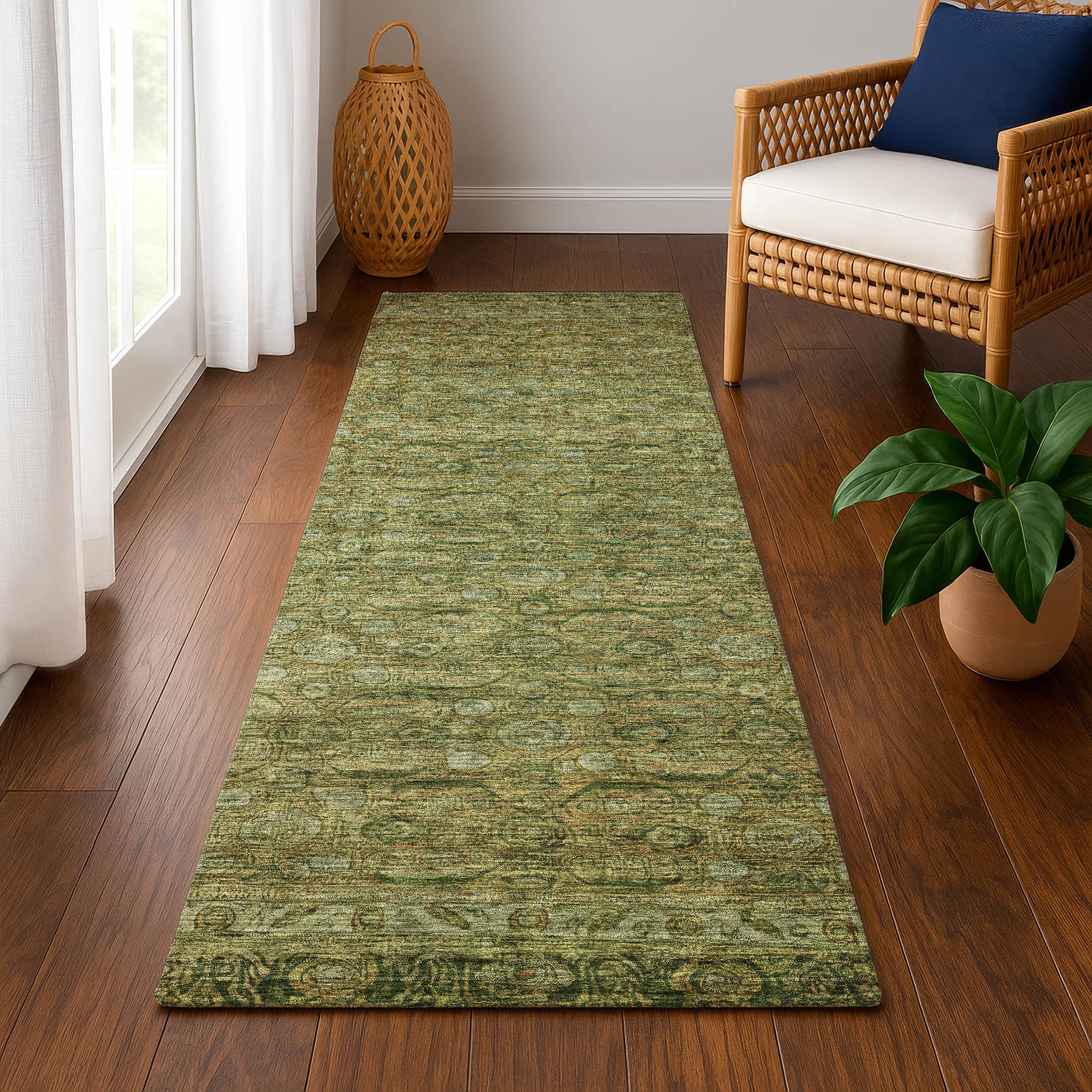 Salzburg Machine Washable Traditional Aloe Green Rug 2'3" x 7'6" #shape_Runner