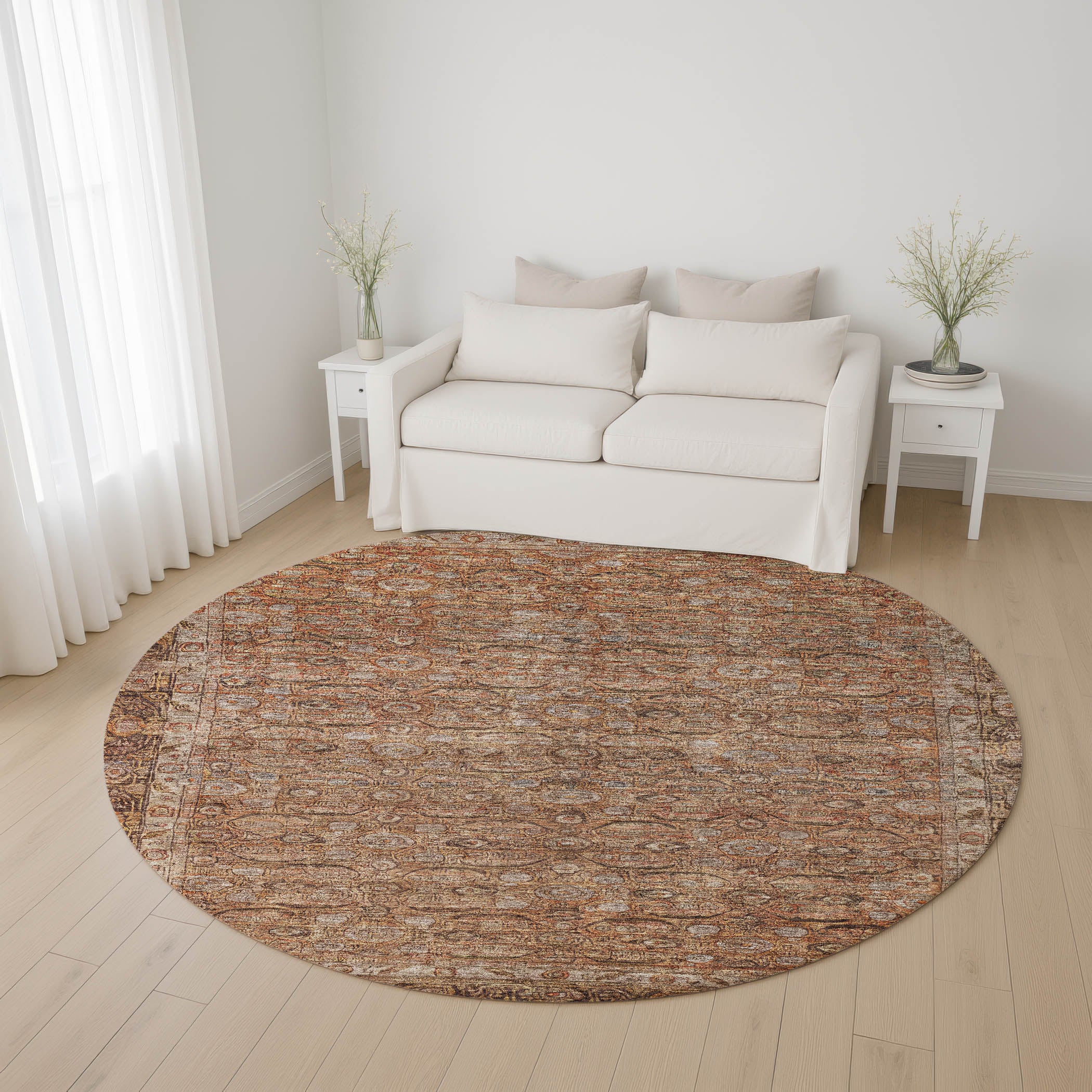 Salzburg Machine Washable Traditional Copper Orange Rug 8' x 8' #shape_Round
