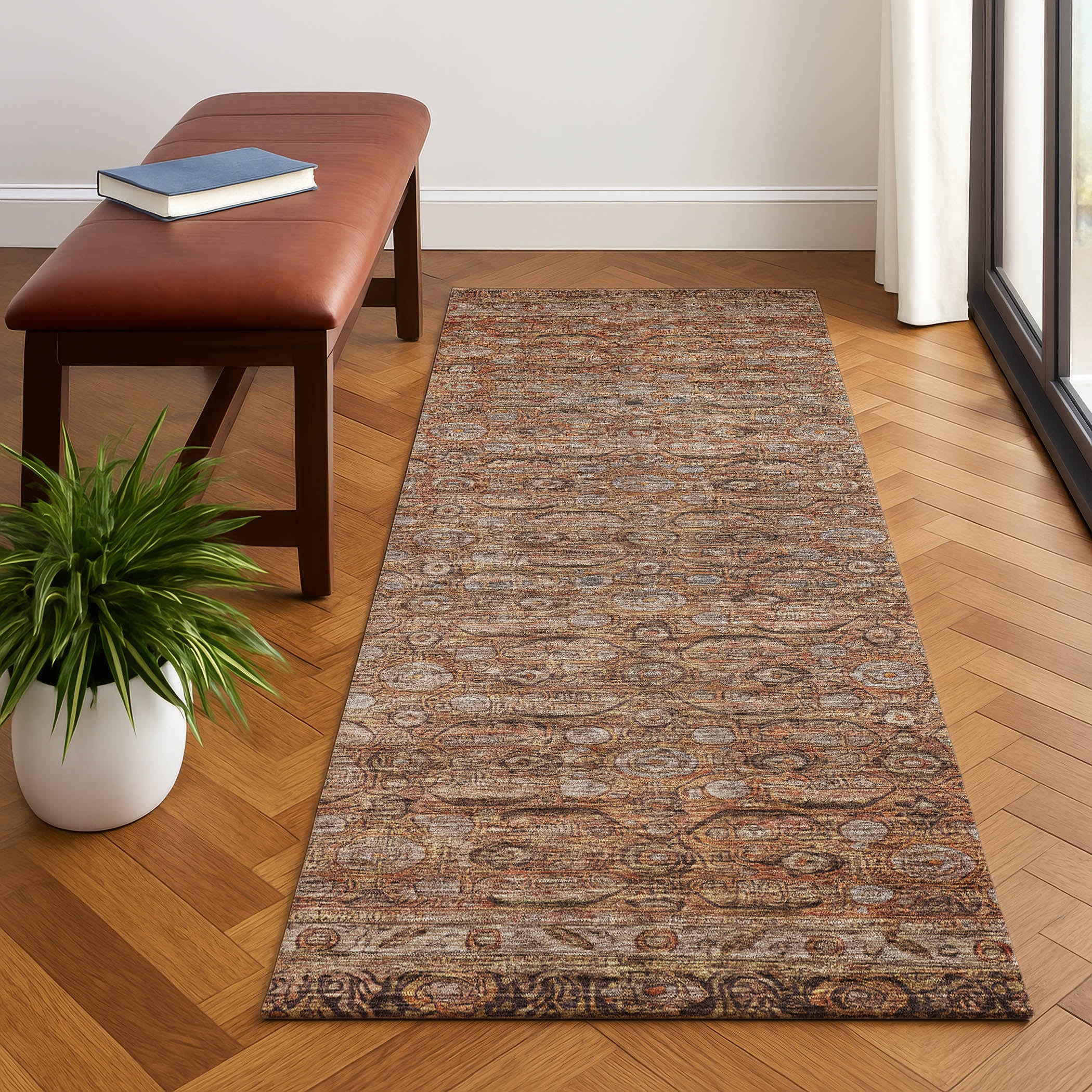Salzburg Machine Washable Traditional Copper Orange Rug 2'3" x 7'6" #shape_Runner