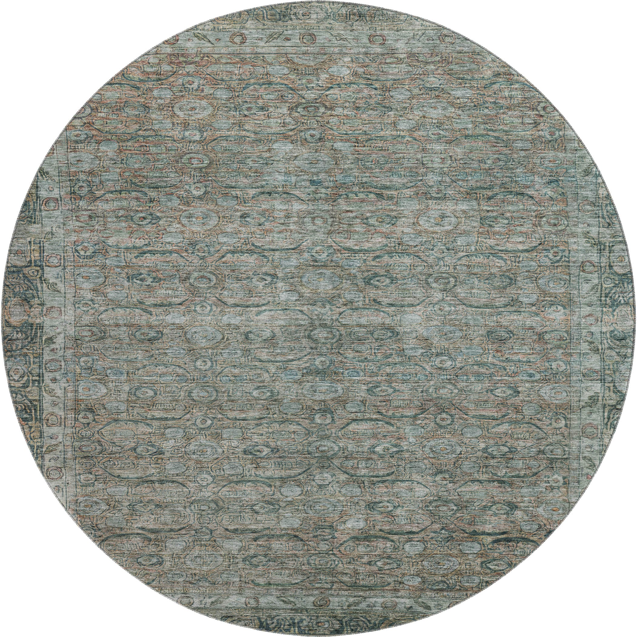 Salzburg Machine Washable Traditional Teal Rug 8' x 8' #shape_Round
