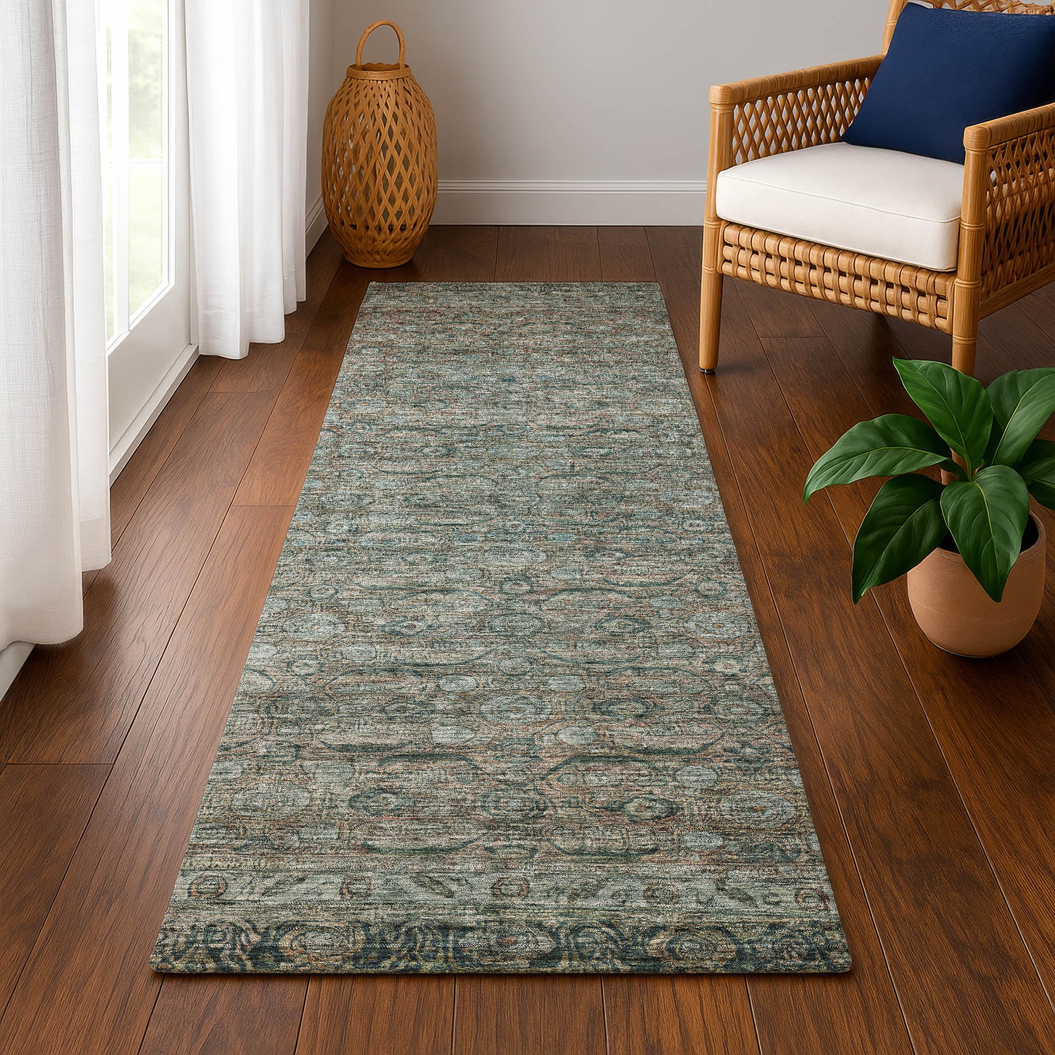 Salzburg Machine Washable Traditional Teal Rug 2'3" x 7'6" #shape_Runner