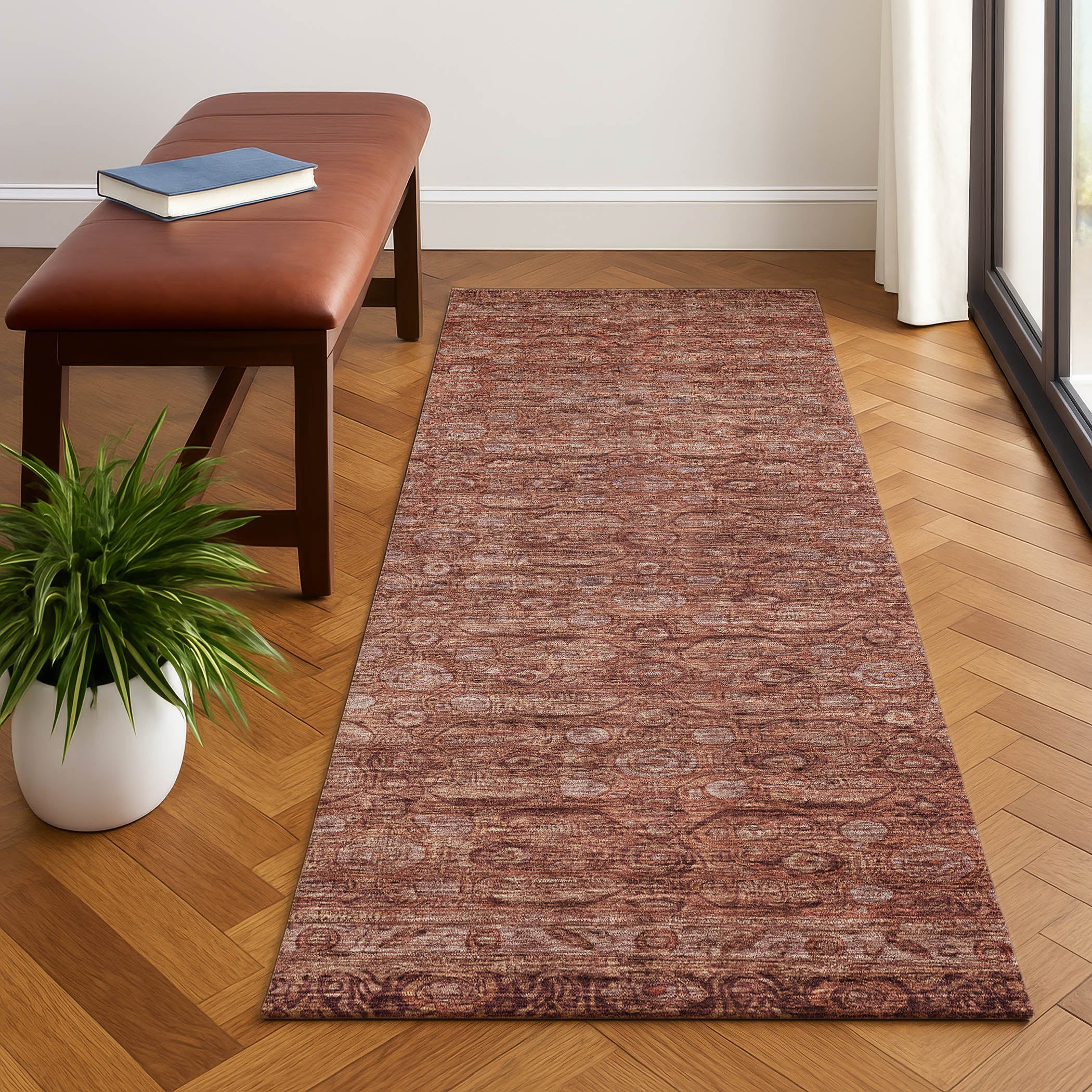 Salzburg Machine Washable Traditional Terracotta Orange Rug 2'3" x 7'6" #shape_Runner
