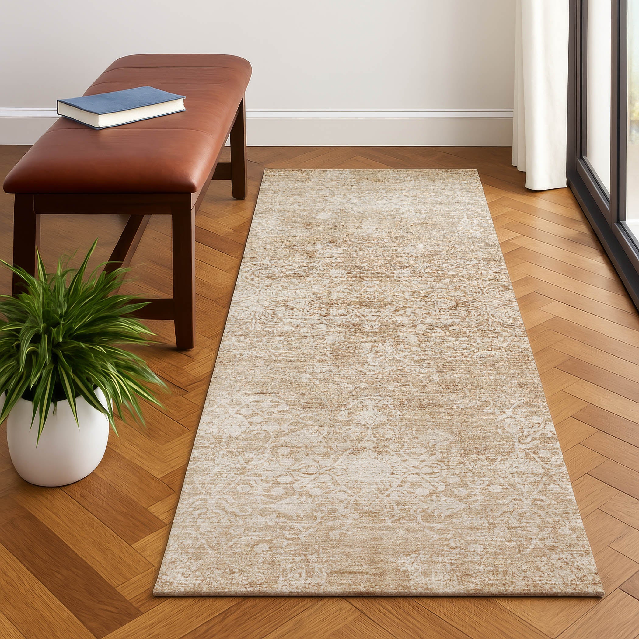 Montevideo Machine Washable Traditional Coral Orange Rug 2'3" x 7'6" #shape_Runner