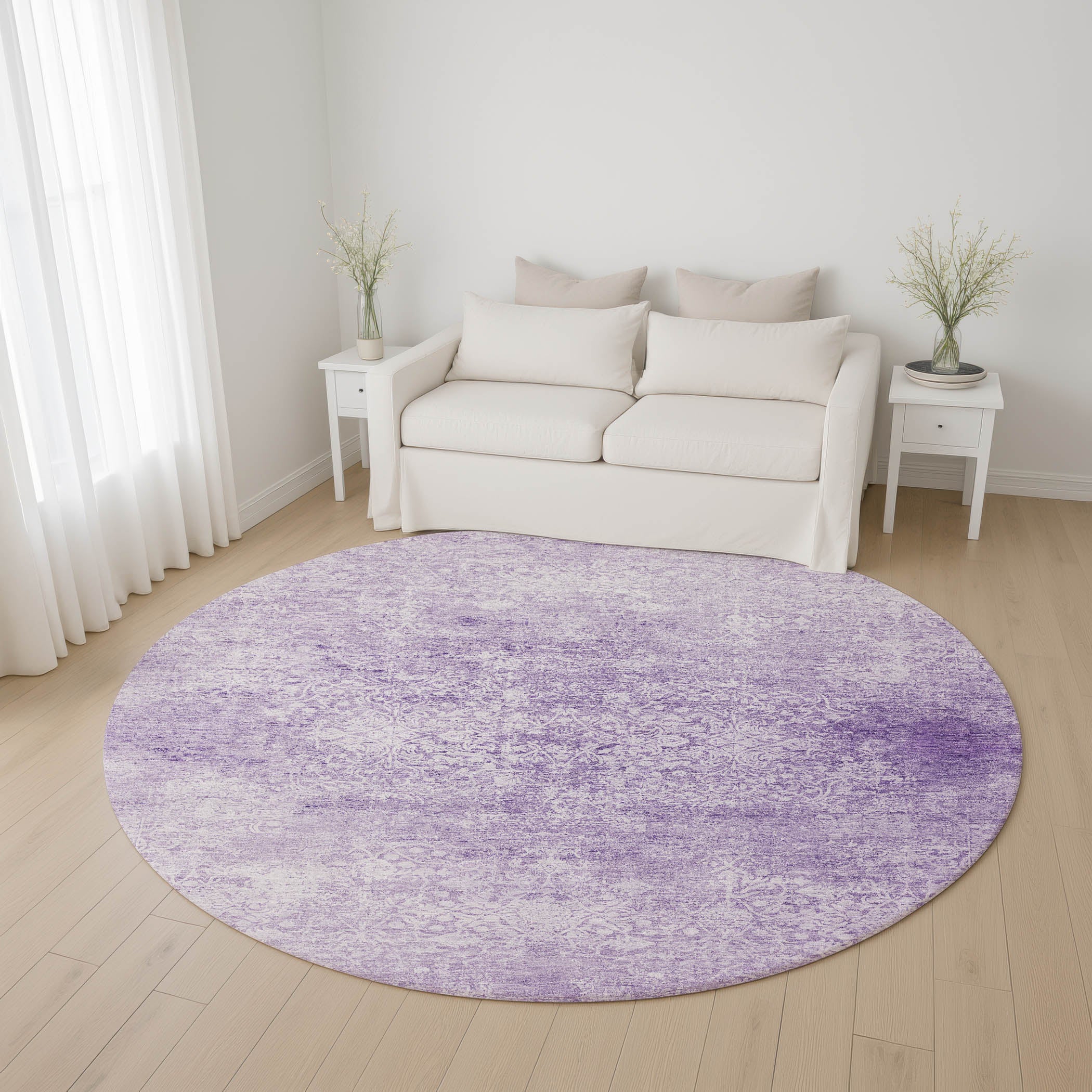 Montevideo Machine Washable Traditional Lilac Purple Rug 8' x 8' #shape_Round