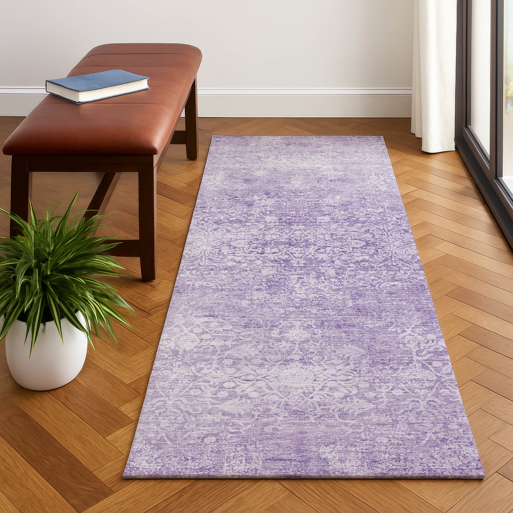 Montevideo Machine Washable Traditional Lilac Purple Rug 2'3" x 7'6" #shape_Runner