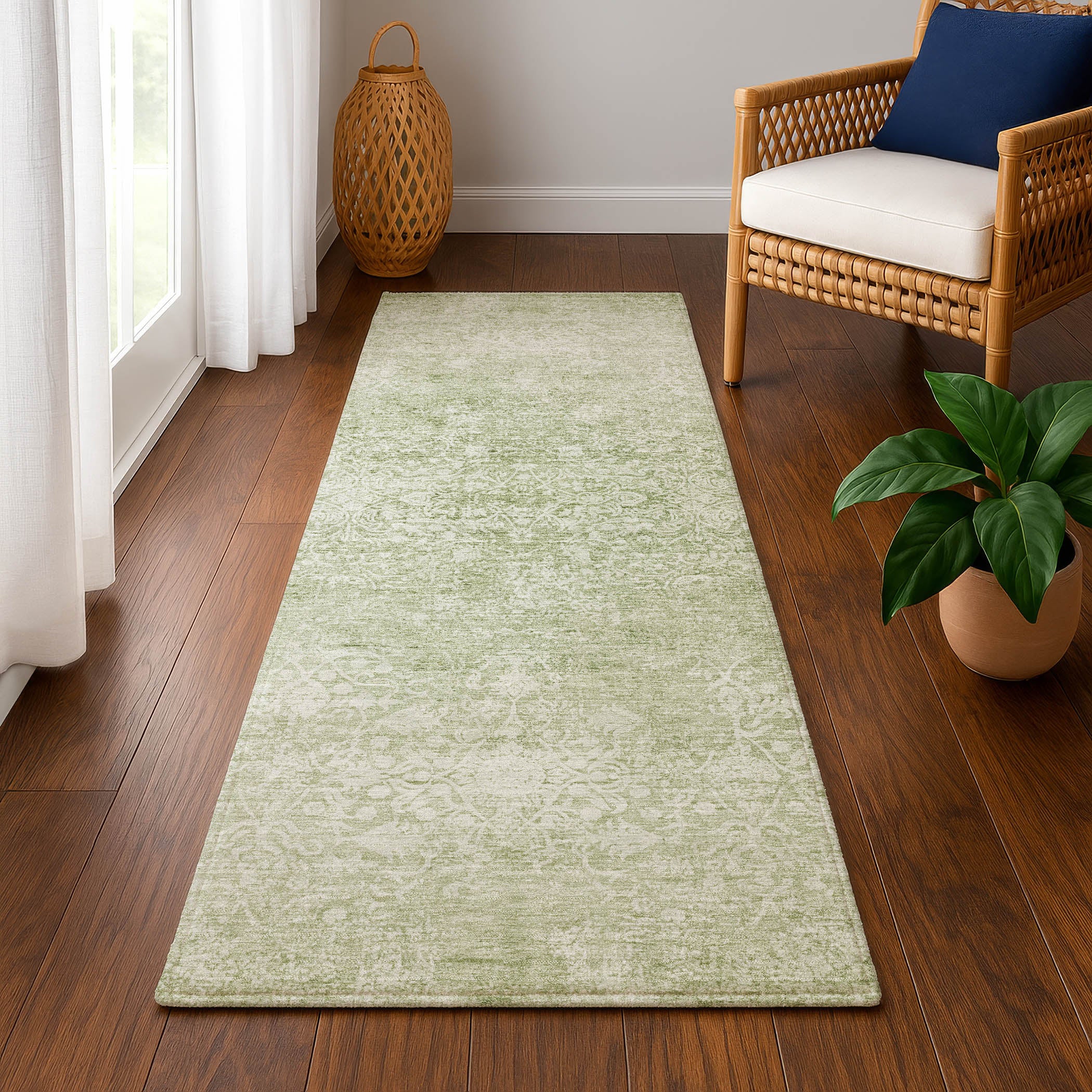 Montevideo Machine Washable Traditional Sage Green Rug 2'3" x 7'6" #shape_Runner