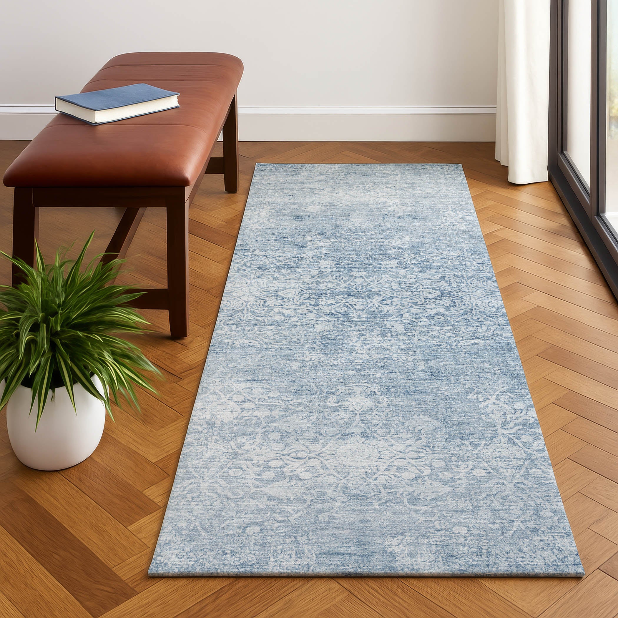 Montevideo Machine Washable Traditional Sky Blue Rug 2'3" x 7'6" #shape_Runner