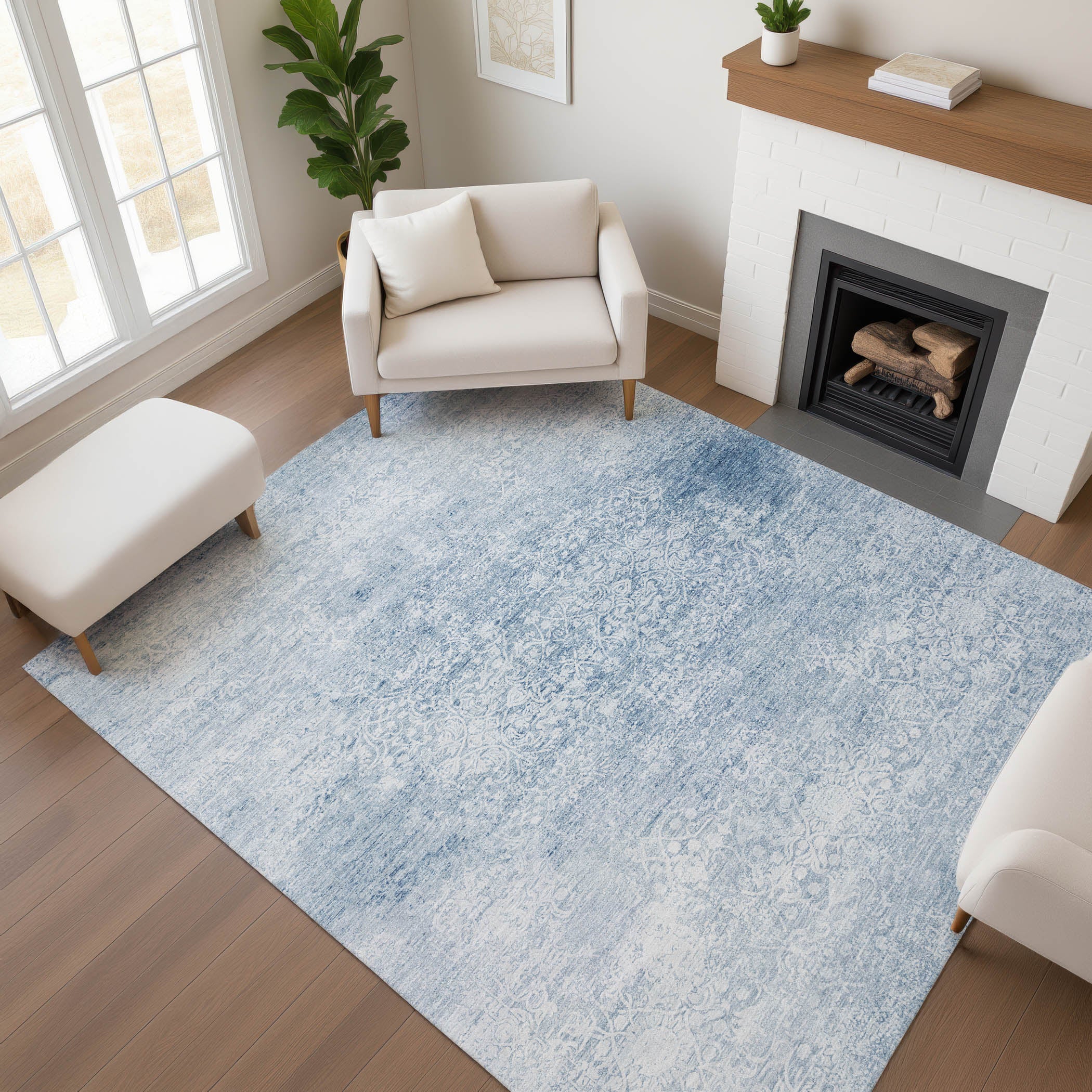 Montevideo Machine Washable Traditional Sky Blue Rug 2'6" x 3'10" #shape_Rectangle