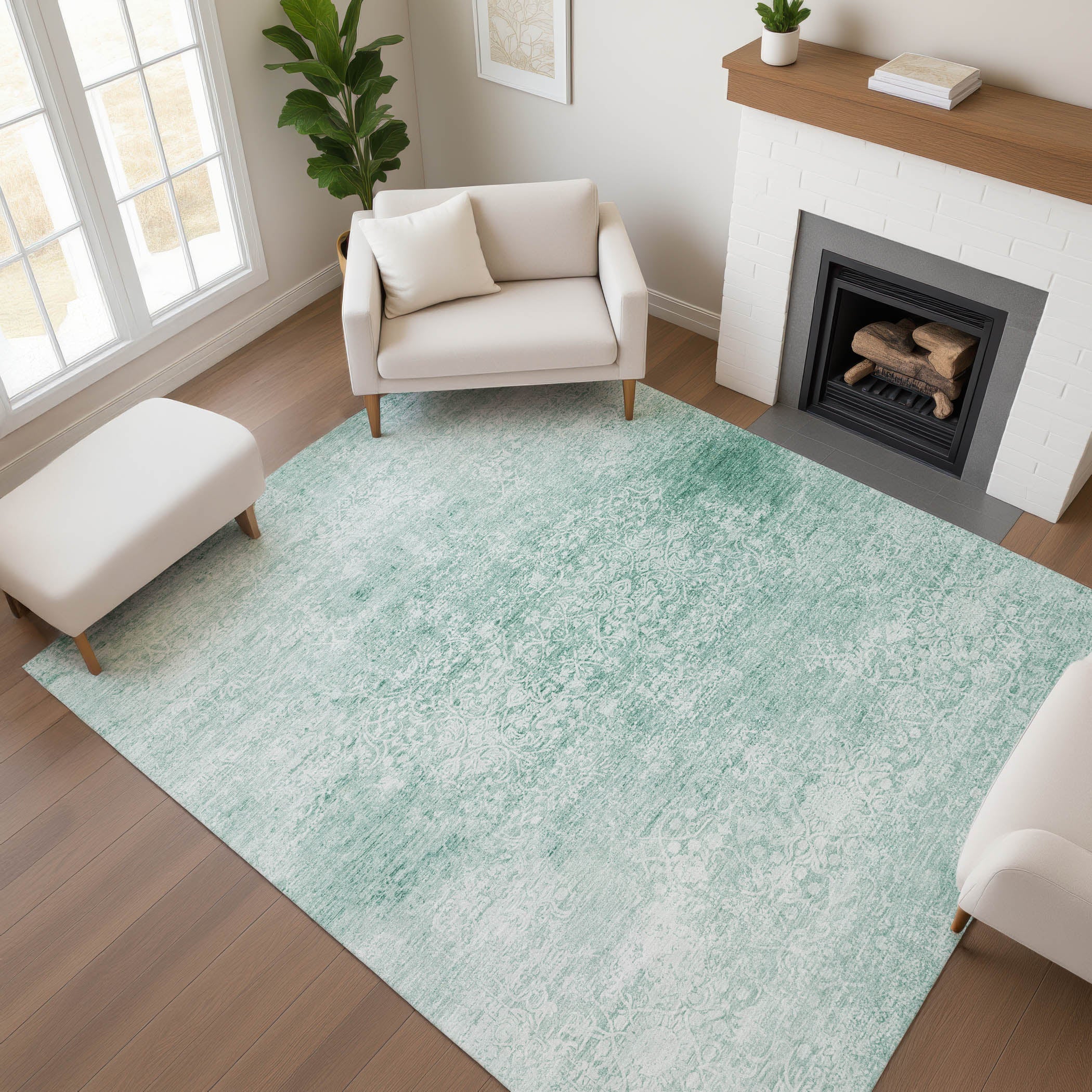 Montevideo Machine Washable Traditional Turquoise Teal Rug 2'6" x 3'10" #shape_Rectangle