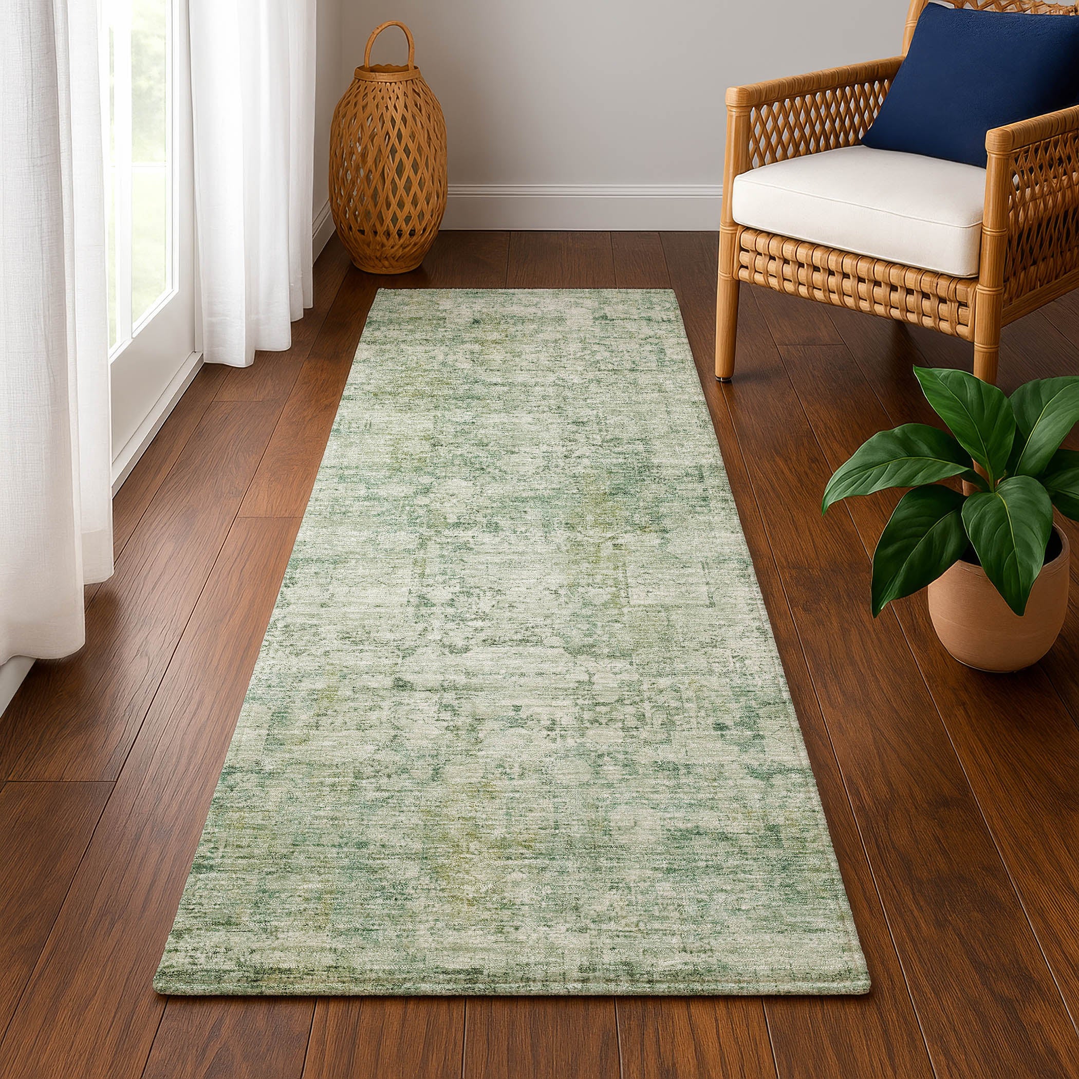 Bern Machine Washable Transitional Aloe Green Rug 2'3" x 7'6" #shape_Runner