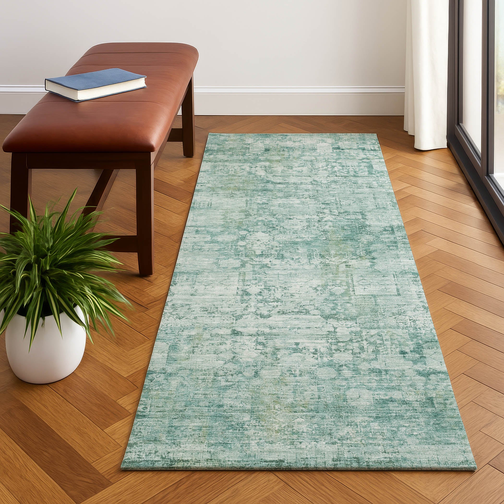 Bern Machine Washable Transitional Teal Rug 2'3" x 7'6" #shape_Runner