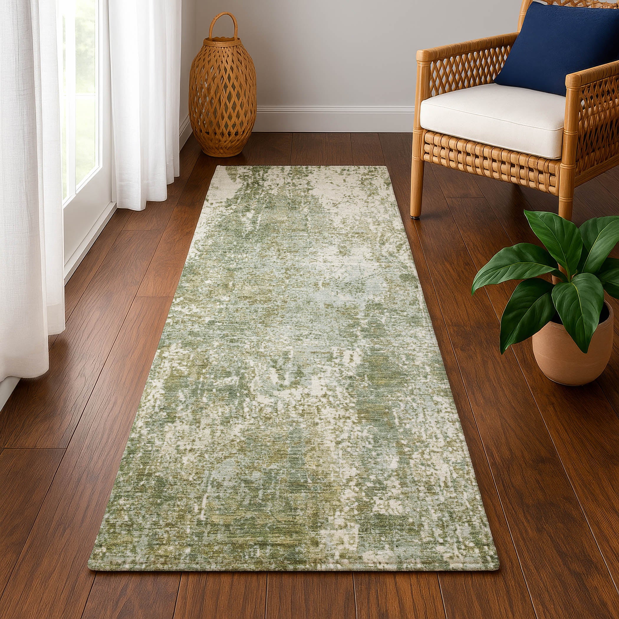 Oslo Machine Washable Transitional Aloe Green Rug 2'3" x 7'6" #shape_Runner