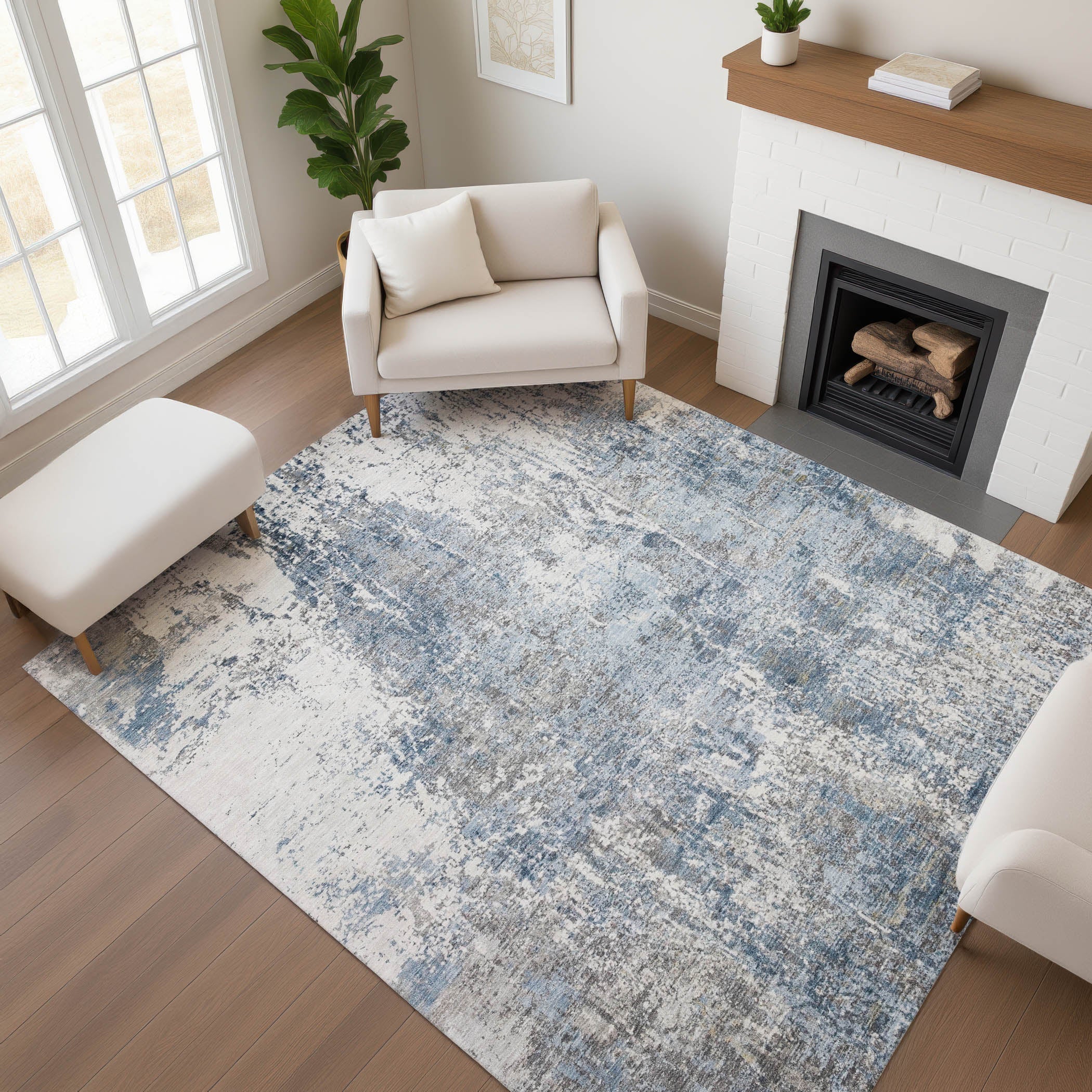 Oslo Machine Washable Transitional Blue Rug 2'6" x 3'10" #shape_Rectangle
