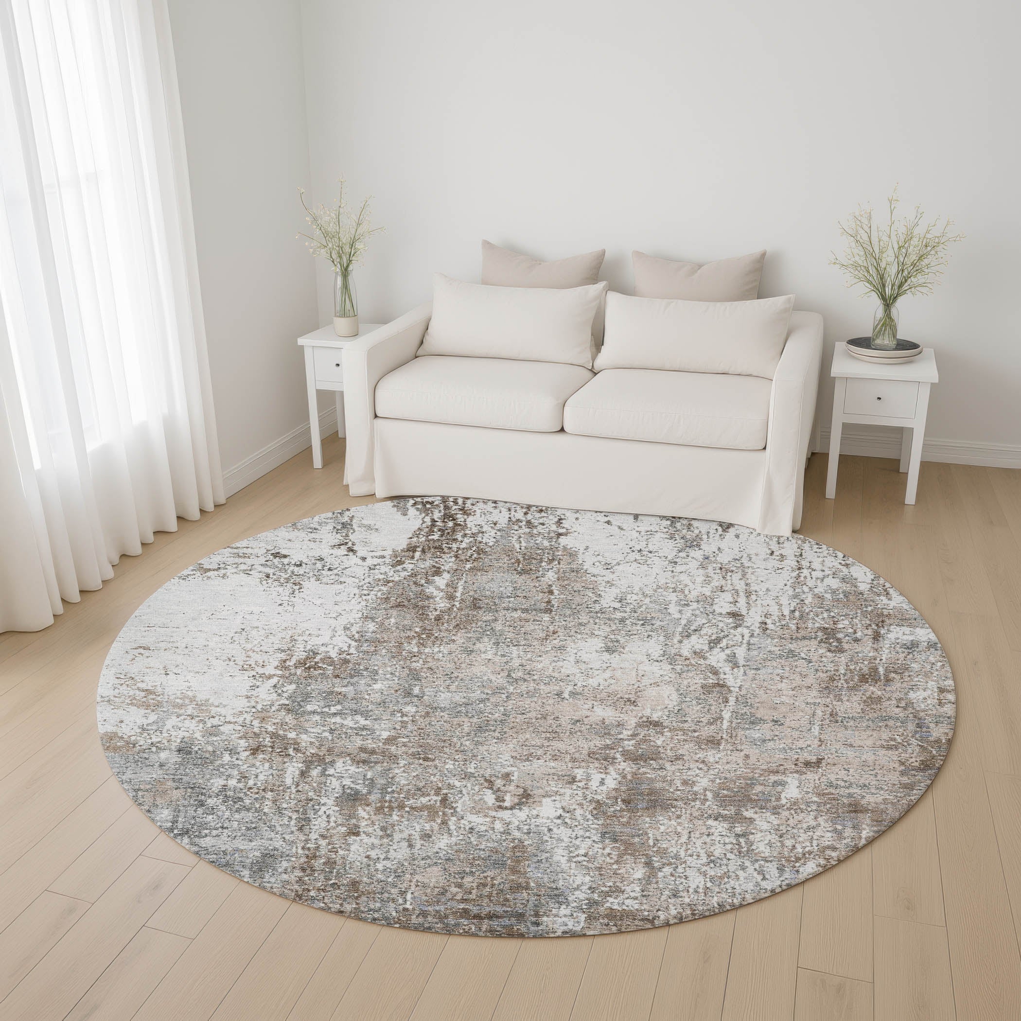 Oslo Machine Washable Transitional Brown Rug 8' x 8' #shape_Round