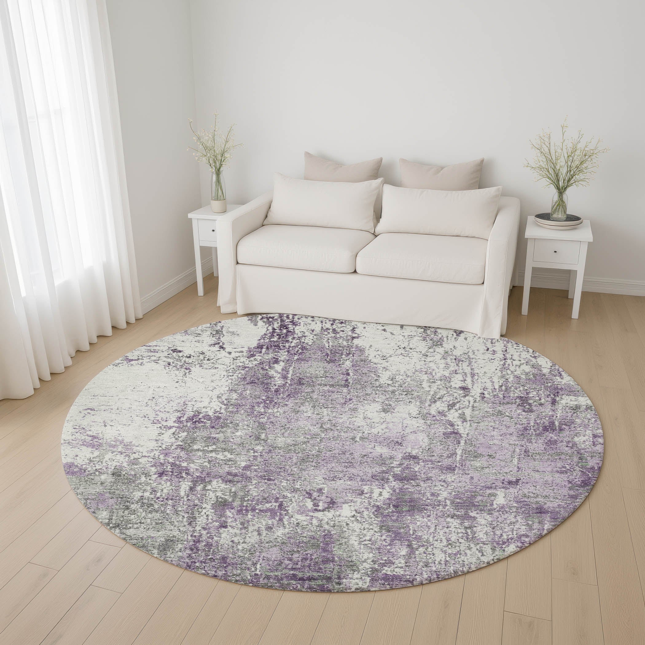 Oslo Machine Washable Transitional Plum Purple Rug 8' x 8' #shape_Round