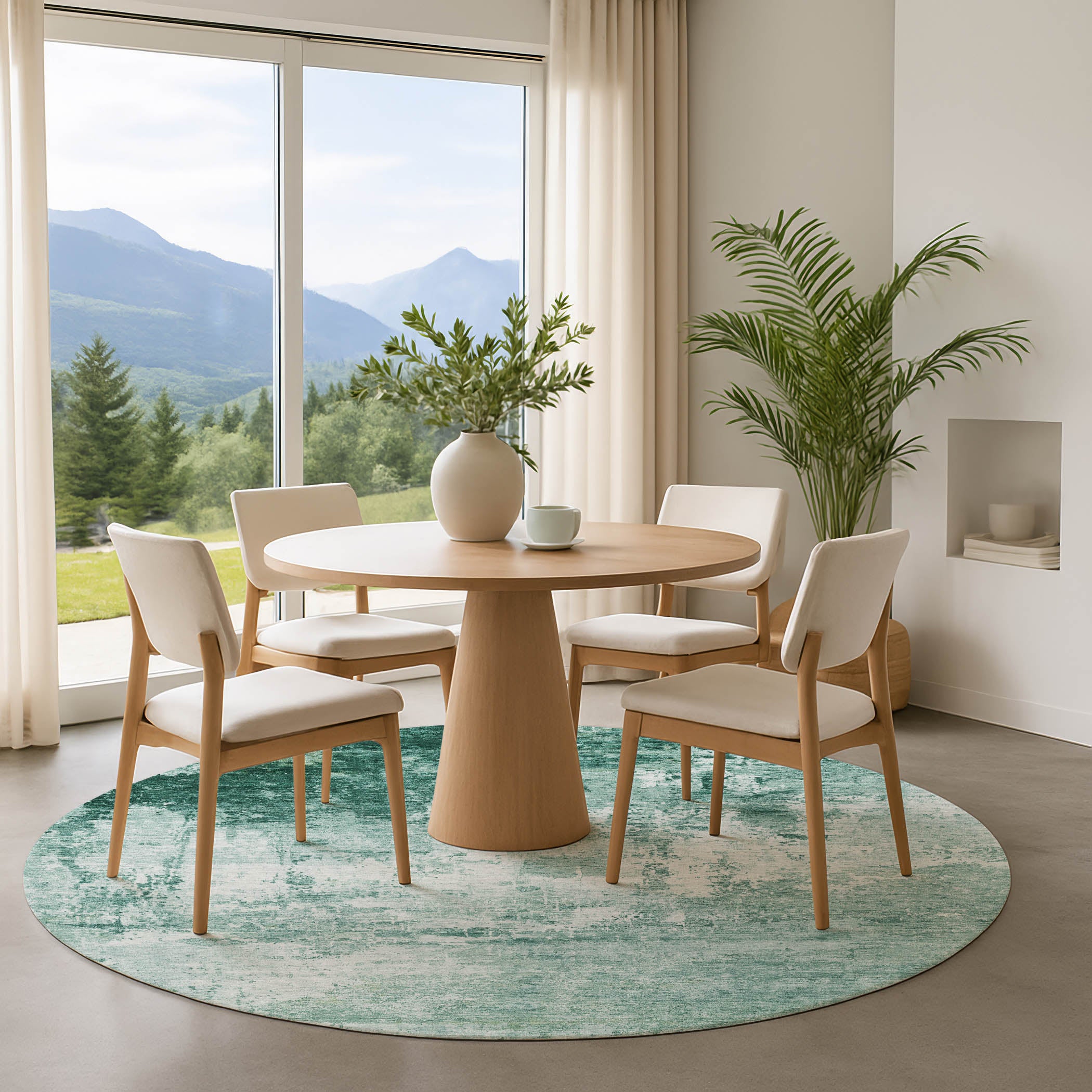 Athens Machine Washable Transitional Aqua Teal Rug 8' x 8' #shape_Round
