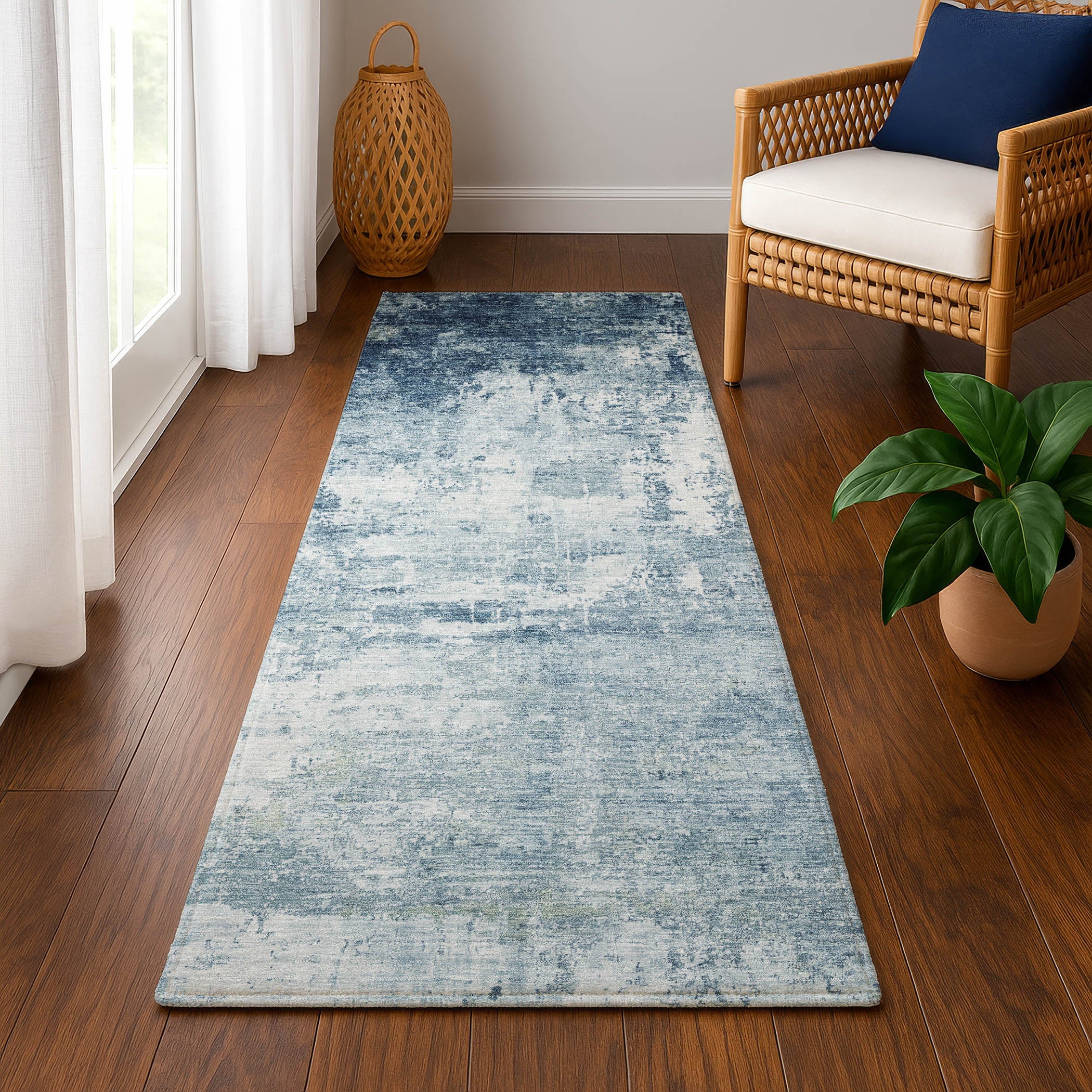 Athens Machine Washable Transitional Blue Rug 2'3" x 7'6" #shape_Runner