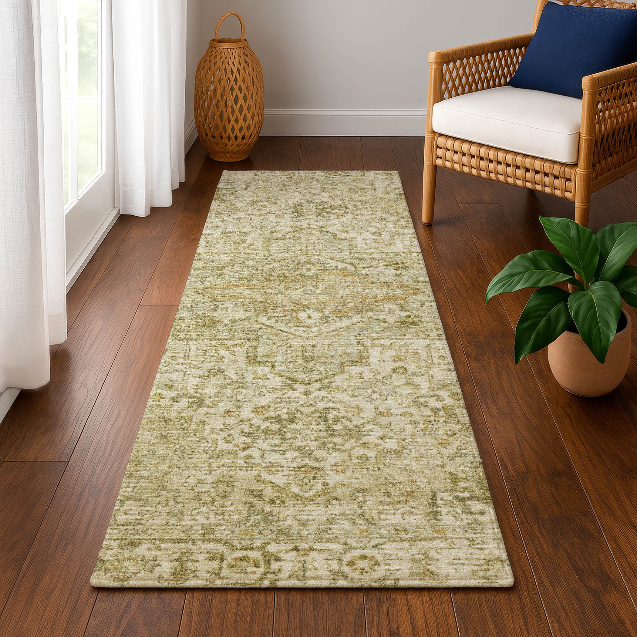 Split Machine Washable Traditional Beige Brown Rug 2'3" x 7'6" #shape_Runner