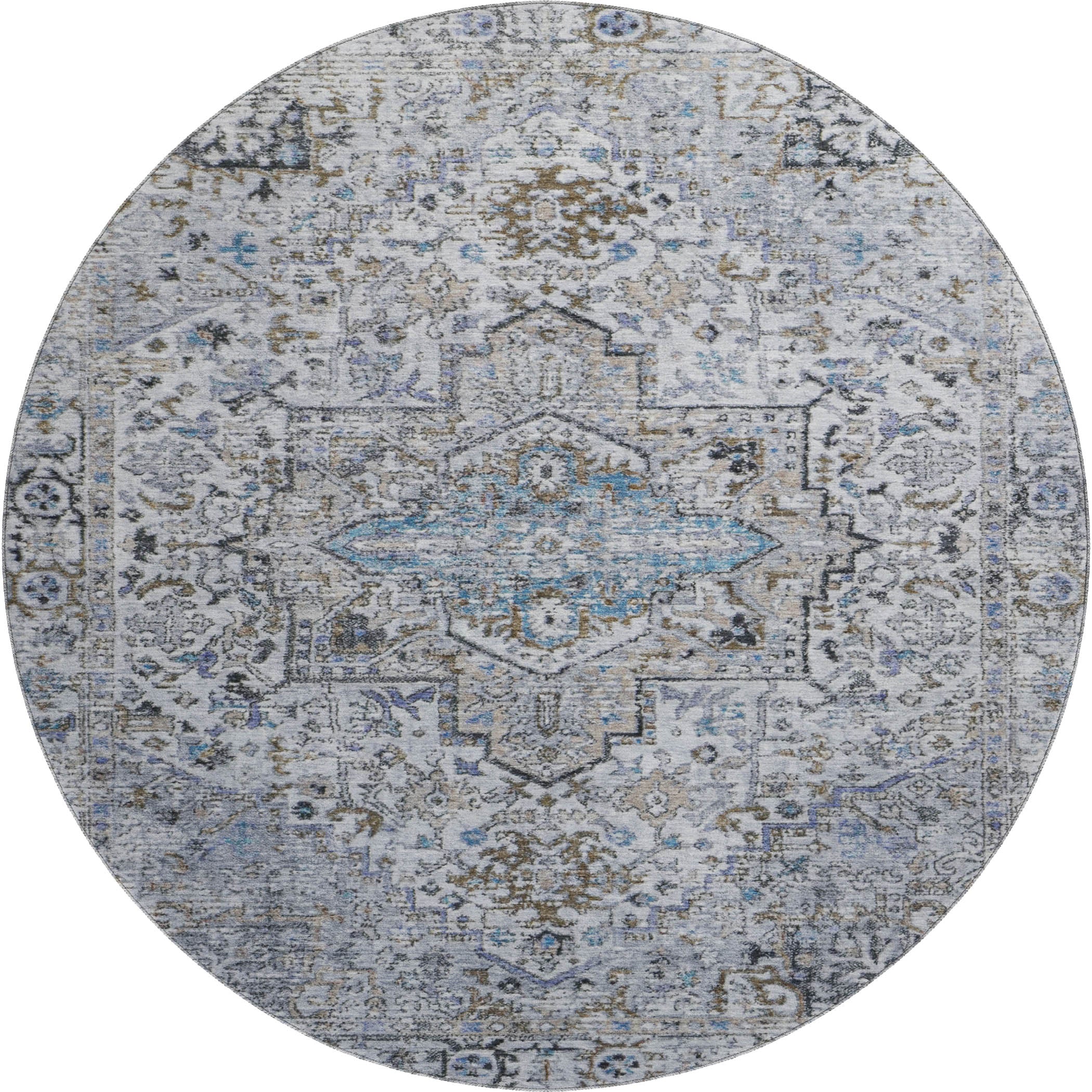 Split Machine Washable Traditional Linen Ivory Rug 8' x 8' #shape_Round
