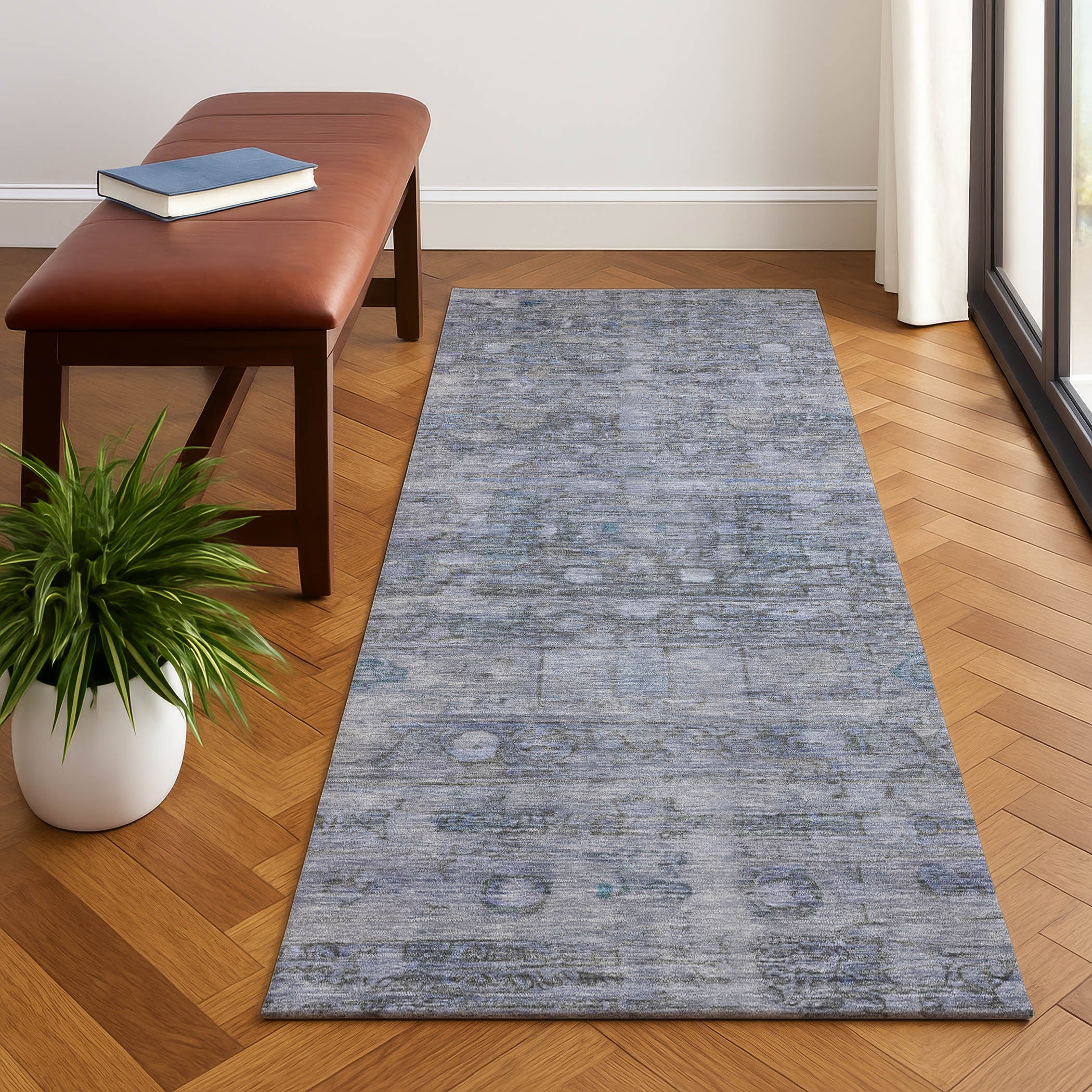 Ghent Machine Washable Transitional Blue Rug 2'3" x 7'6" #shape_Runner