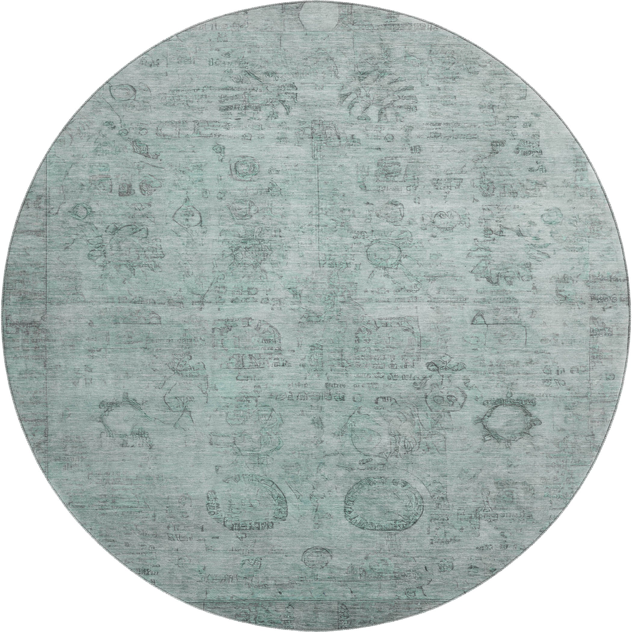 Santorini Machine Washable Transitional Aqua Teal Rug 8' x 8' #shape_Round