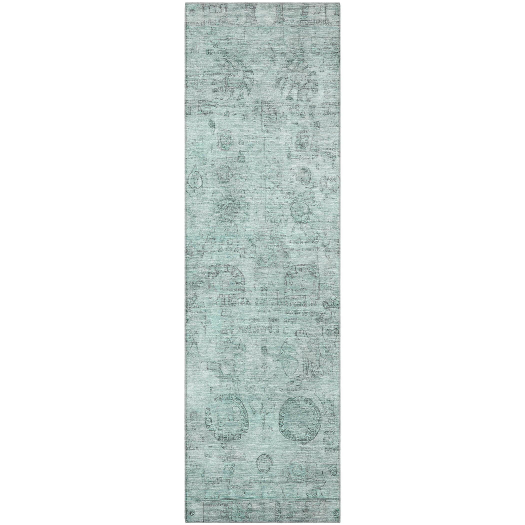 Santorini Machine Washable Transitional Aqua Teal Rug 2'3" x 7'6" #shape_Runner
