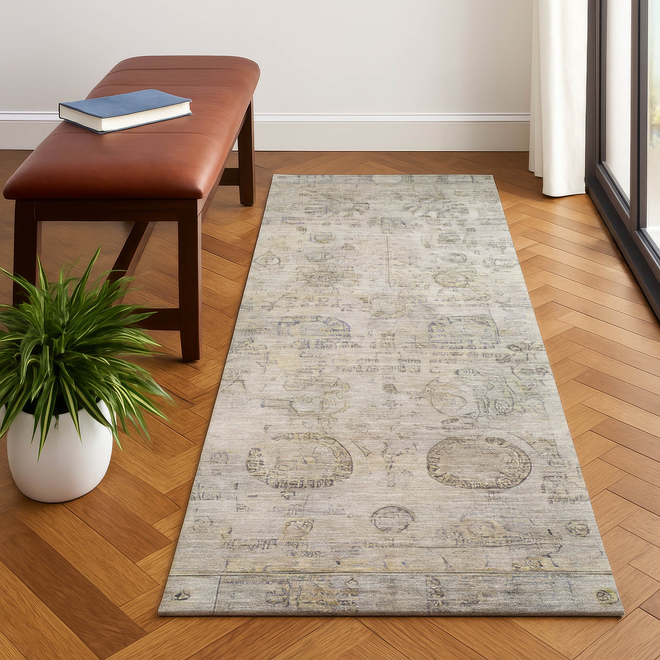 Santorini Machine Washable Transitional Linen Ivory Rug 2'3" x 7'6" #shape_Runner