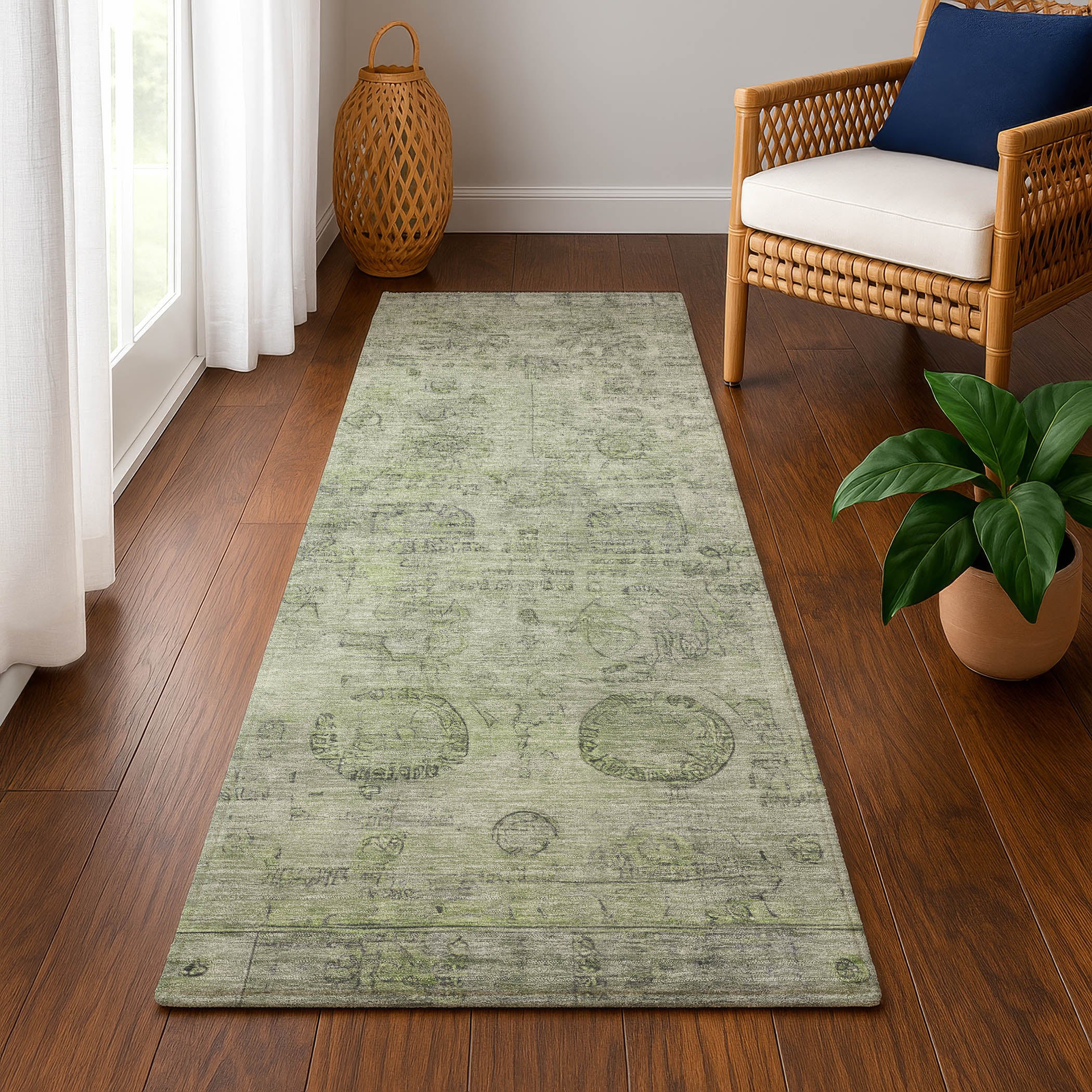 Santorini Machine Washable Transitional Sage Green Rug 2'3" x 7'6" #shape_Runner