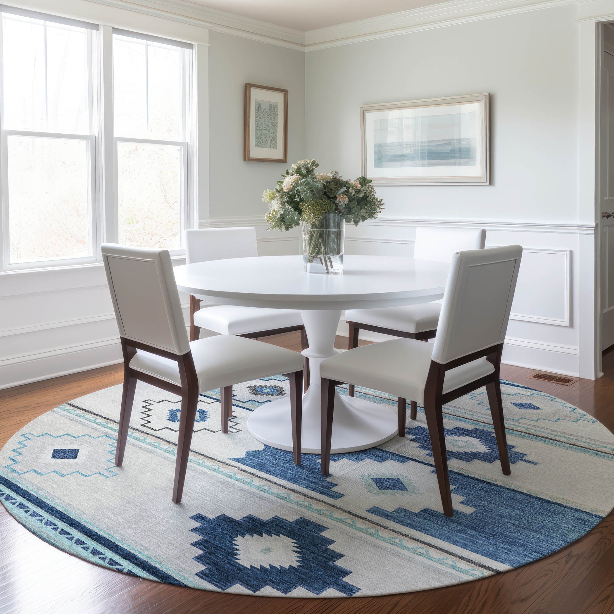 Havana Machine Washable Southwest Blue Ivory Rug 8' x 8' #shape_Round
