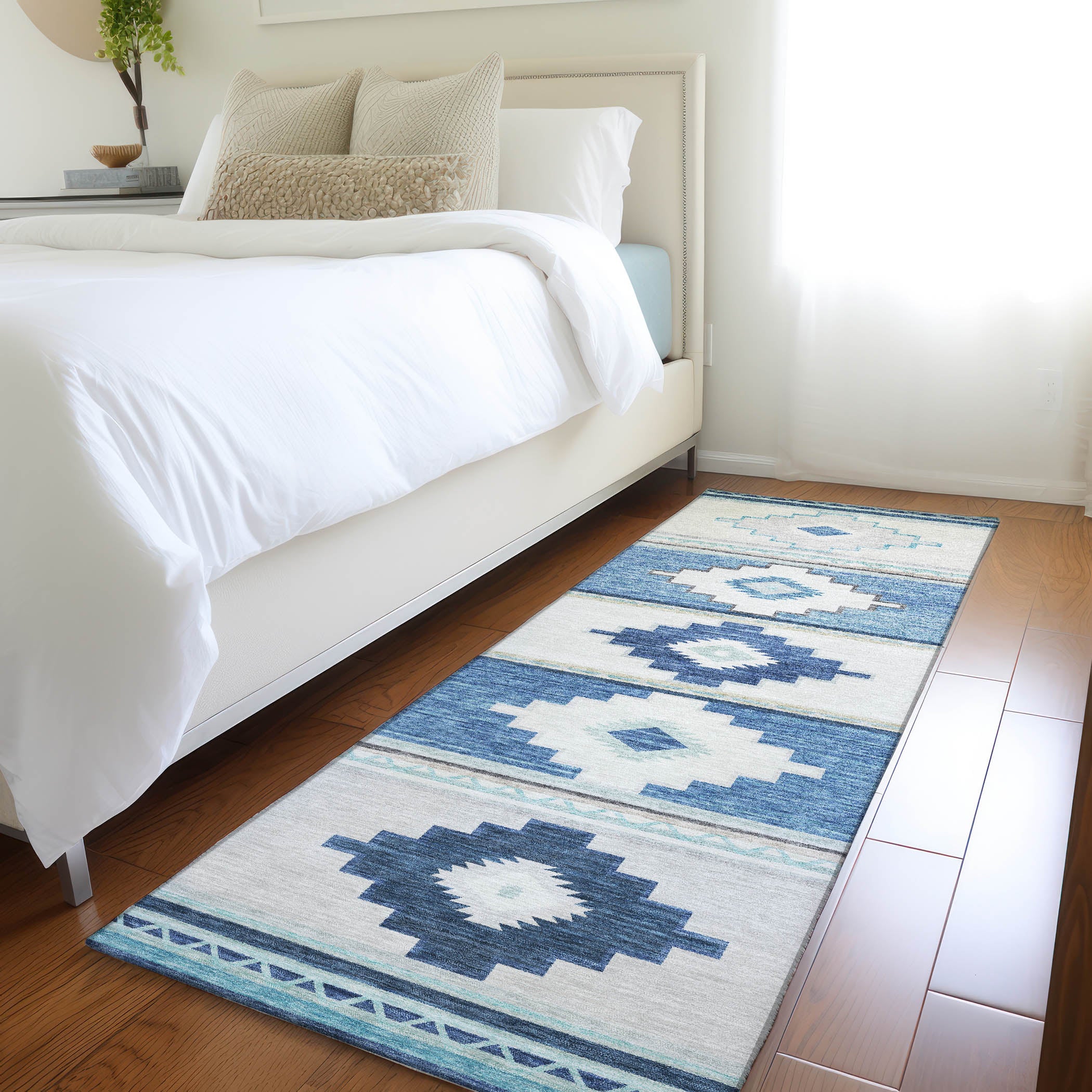 Havana Machine Washable Southwest Blue Ivory Rug 2'3" x 7'6" #shape_Runner